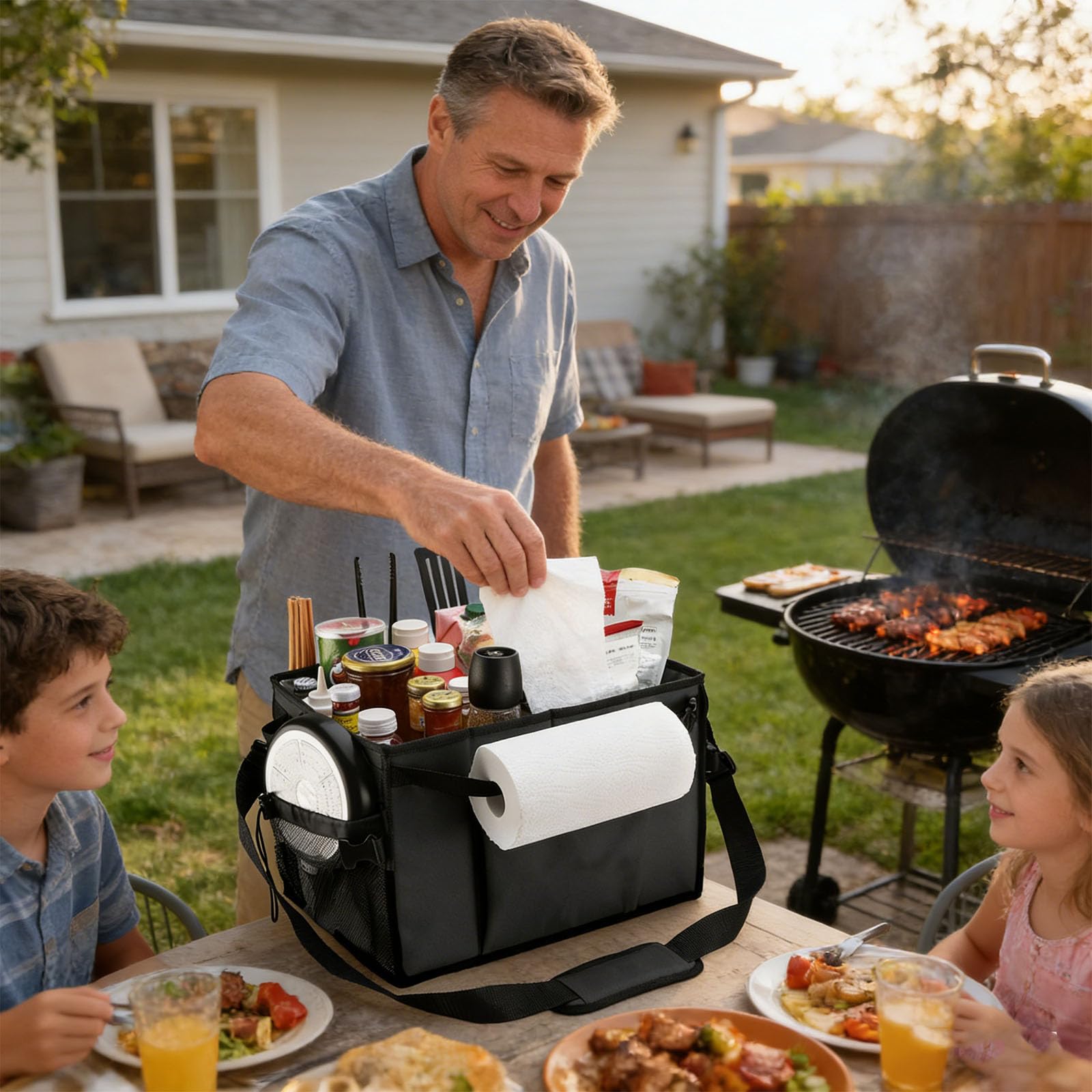 Transportador de equipo de cocina al aire libre con correa extraíble para el hombro y bolsillos de tela ajustables para ocasiones, planificador de barbacoa de gran capacidad