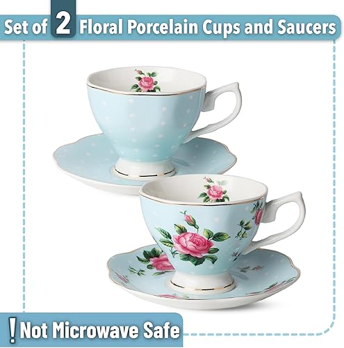 Miniatura 2 de BTaT- Juego de 2 tazas de té y platillos florales, 8 onzas, con borde dorado, tazas de café, juego de tazas de té floral, tazas de té británicas,