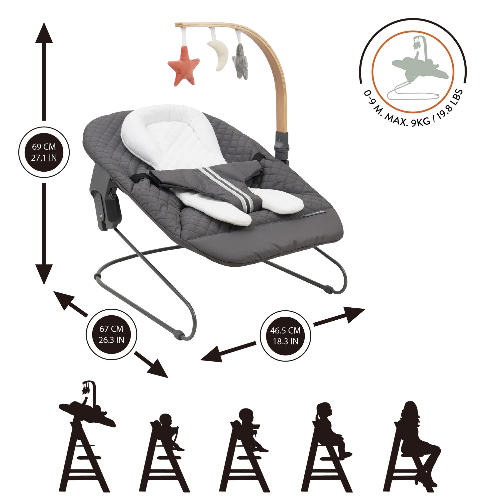 509 Crew SKY Set per la crescita del seggiolone in legno dalla nascita +, include sdraietta 2in1 SKY e cuscino per seggiolone, colore antracite naturale