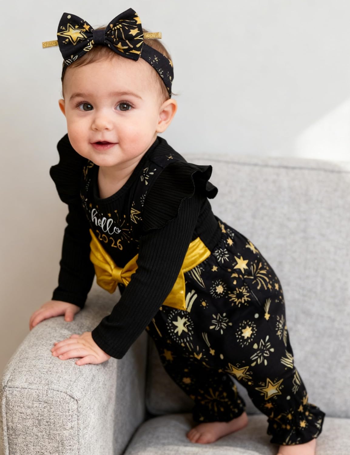 Queenstyle New Year Baby Girl Outfit Long Sleeve Romper Jumpsuit with Headband 2024 Happy New Year Outfits