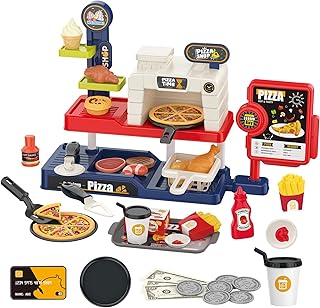Kids Pizza Oven Play Set: Ice Cream Maker, Card Reader, Cash Register, Play Food (Pizza, Chicken Nuggets, Fries) Play Money - Educational Toy Kitchen Ages 3+