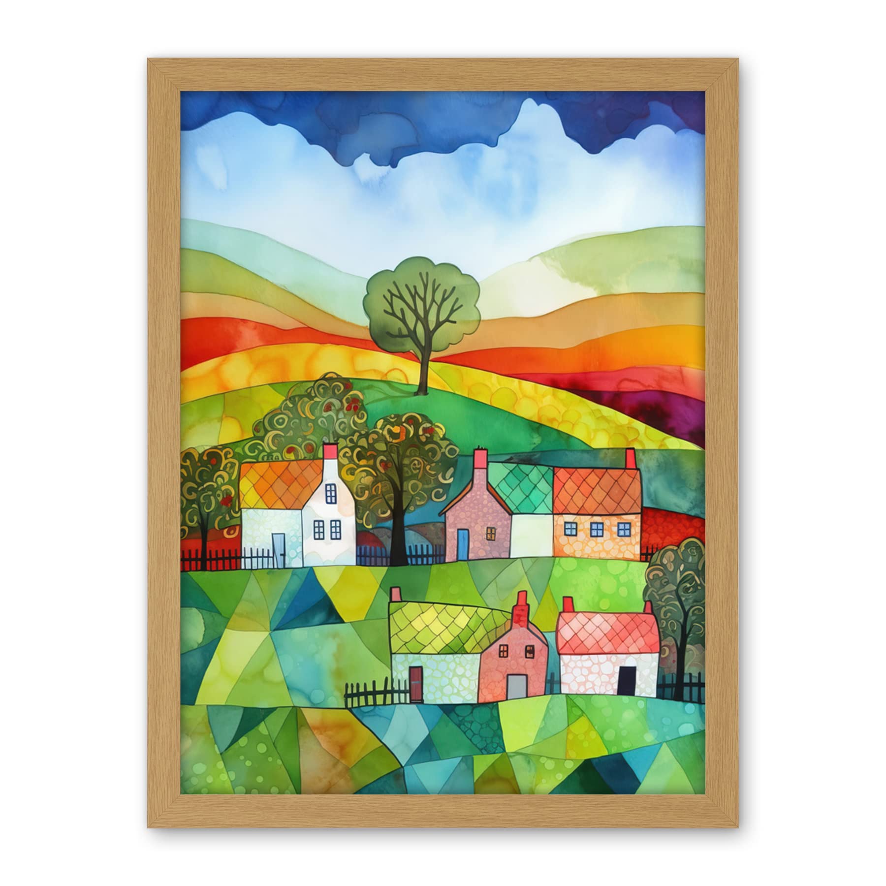Artery8 Rural Landscape Rainbow Countryside Folk Art Watercolour Painting Artwork Framed Wall Art Print 18X24 Inch