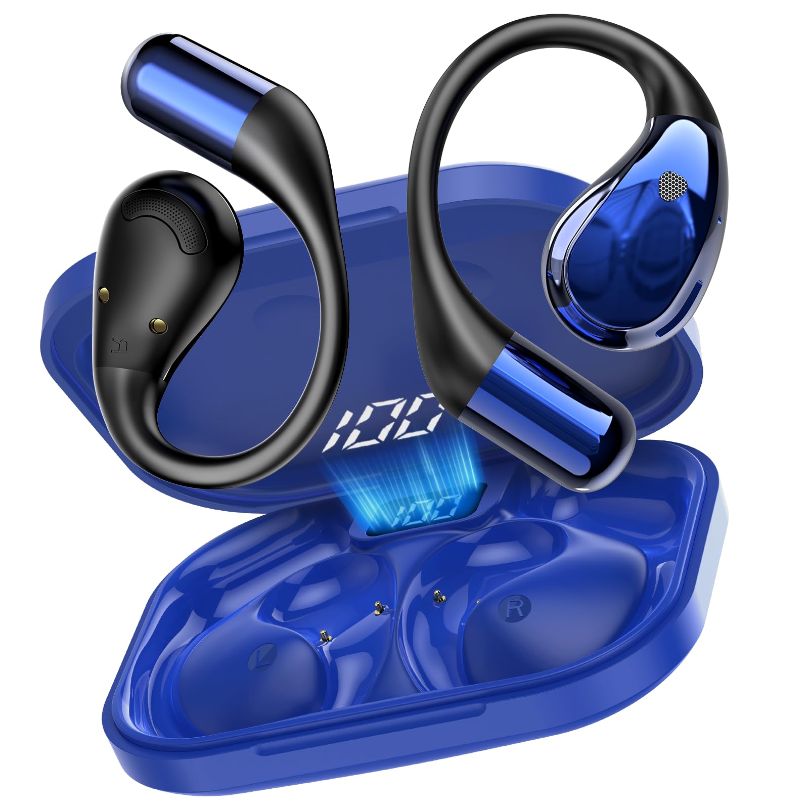 Conyat Open Ear Kopfhörer Bluetooth 6.0 mit HD Mic, Kopfhörer Kabellos Bluetooth HiFi Stereo mit Ohrhaken, 40H Spielzeit, Bluetooth Kopfhörer mit LED-Anzeige, IP7 Wasserdicht Ohrhörer für Sport, Blau