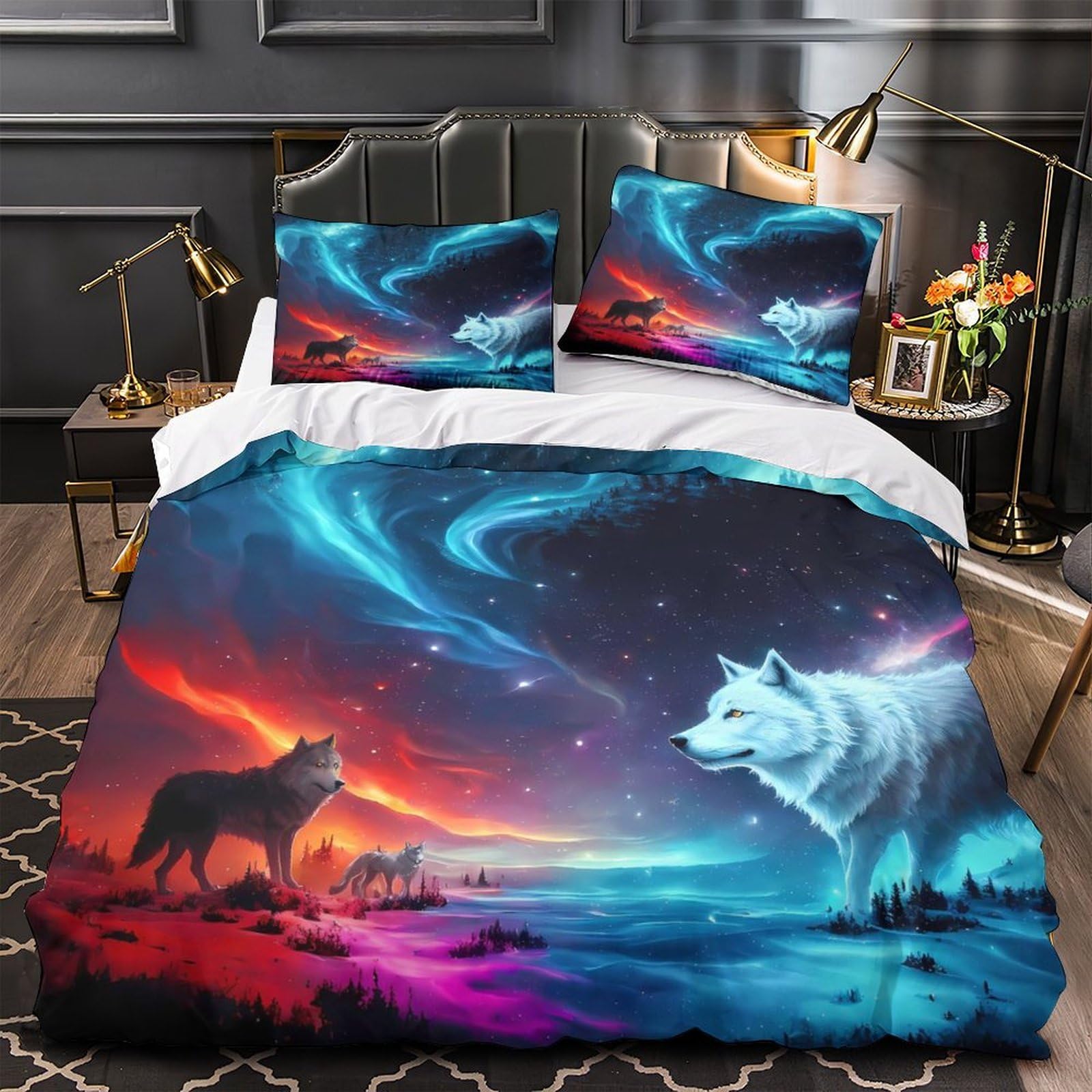 HQZNKXJPRL Northern Lights Wolves Duvet Cover 3D Print Breathable 3 Pcs Bedding Set Hidden Zipper Fantasy Quilt Cover Luxury Washable for Teens Adults Kids Girls Boys Women Youth Double（200x200cm）