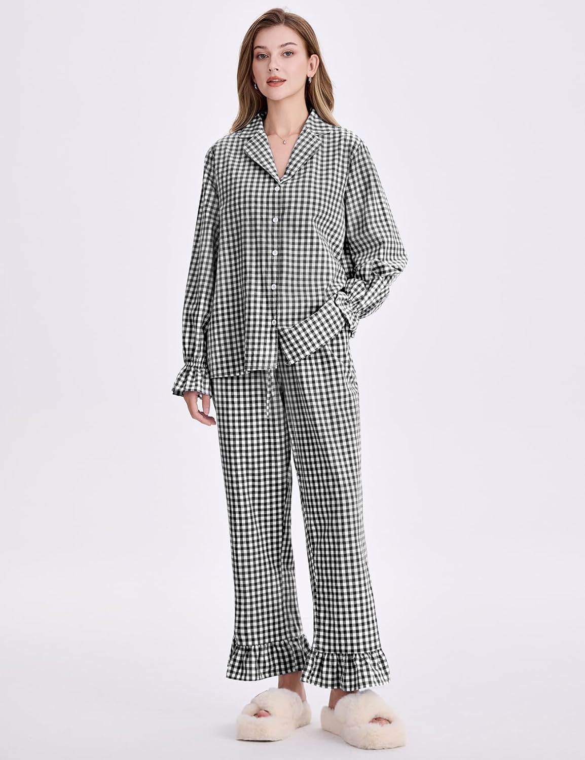 Flygo Womens Gingham Pajamas Sets Cotton Plaid Pjs Ruffled Sleeve Button Down Shirt Pants Y2k 2 Piece Lounge Set - Image 2