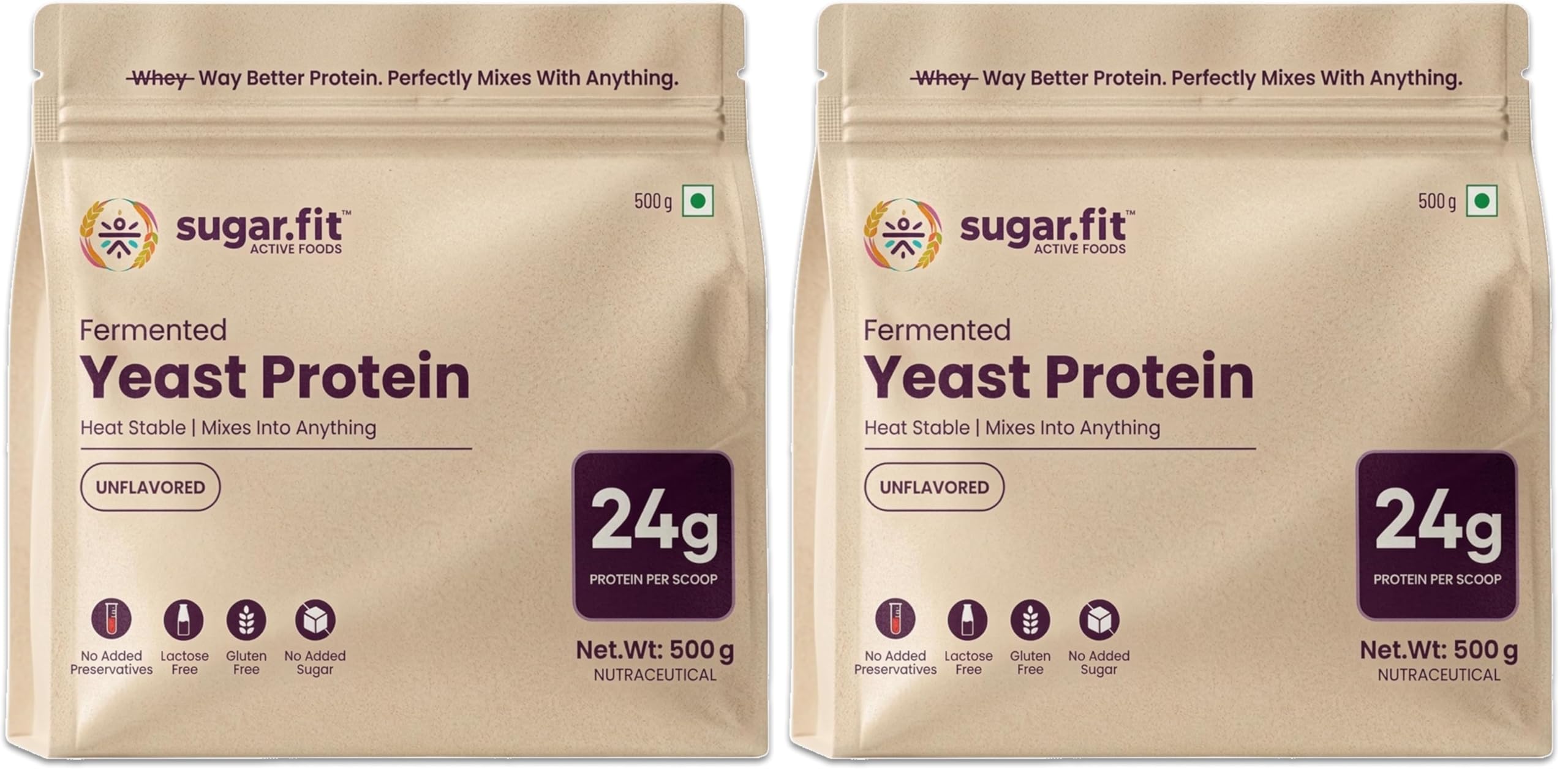 Sugar.fit | Active Foods Fermented Yeast Protein Powder, Unflavored, 24g Protein per Scoop, Heat Stable, Gluten Free, Lactose Free, No Added Sugar, Vegan, 500g (Pack of 2)-image-34