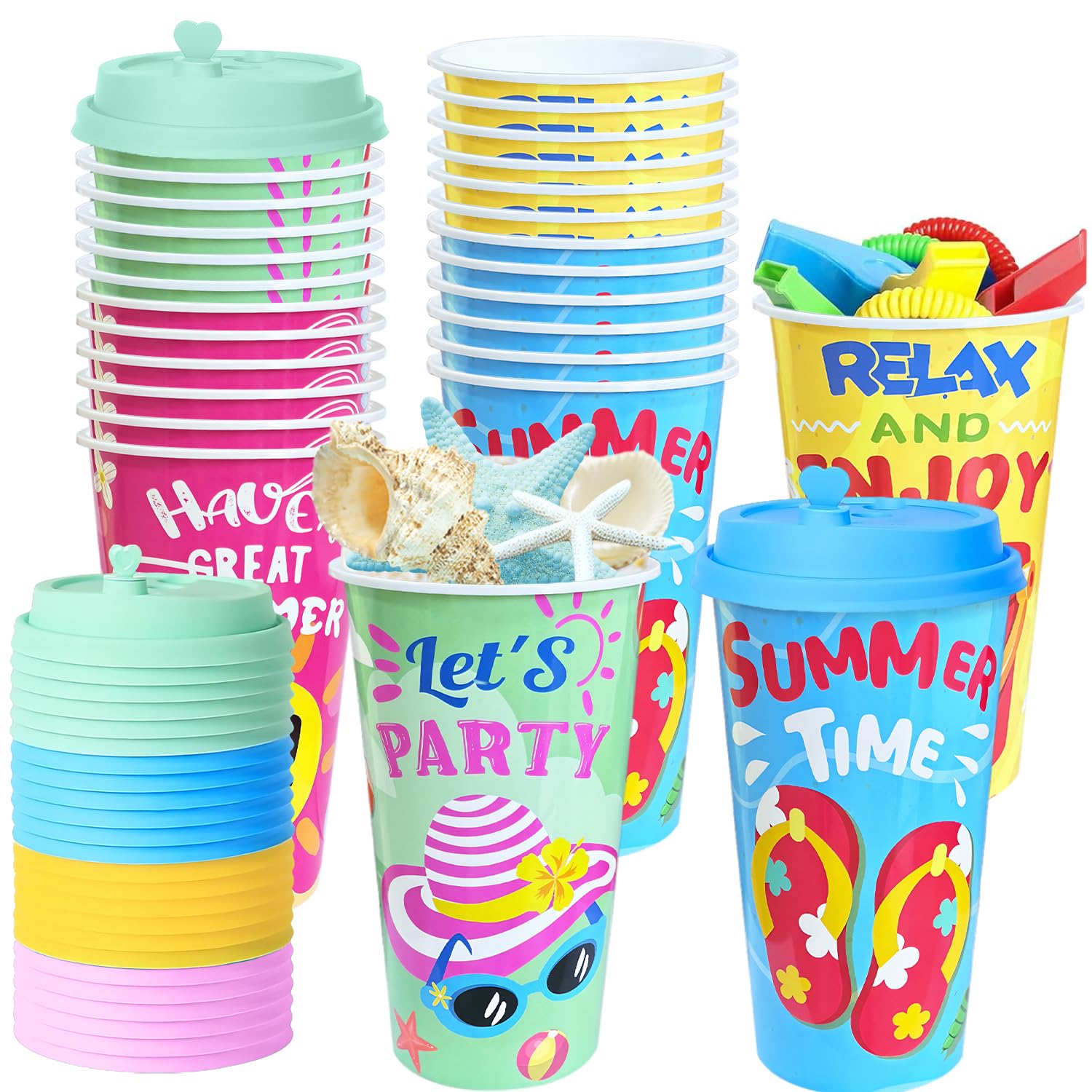 FZR Legend 24 Pack Beach Party Favors Goodie Cups, 16OZ Pool Luau Theme Party Decorations Plastic Cups, Summer Birthday for Kids Supplies with Lids
