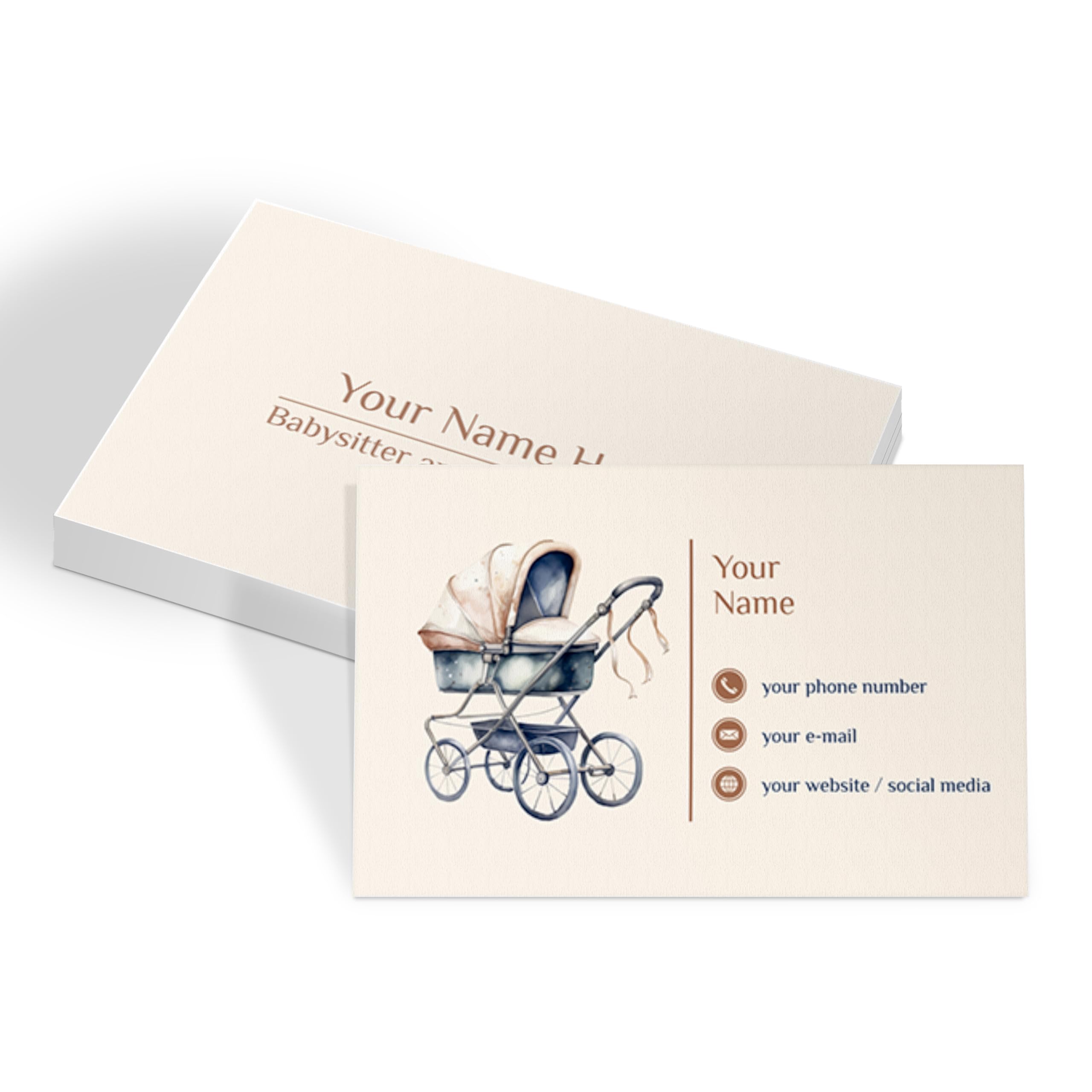 lepni.me Custom Babysitter Business Cards with Your Name, Phone, Email Personalized Beige Baby Stroller Design Nanny Business Cards Front/Back Side, Gloss or Mat, Simple or Laminated All PCS — image 1