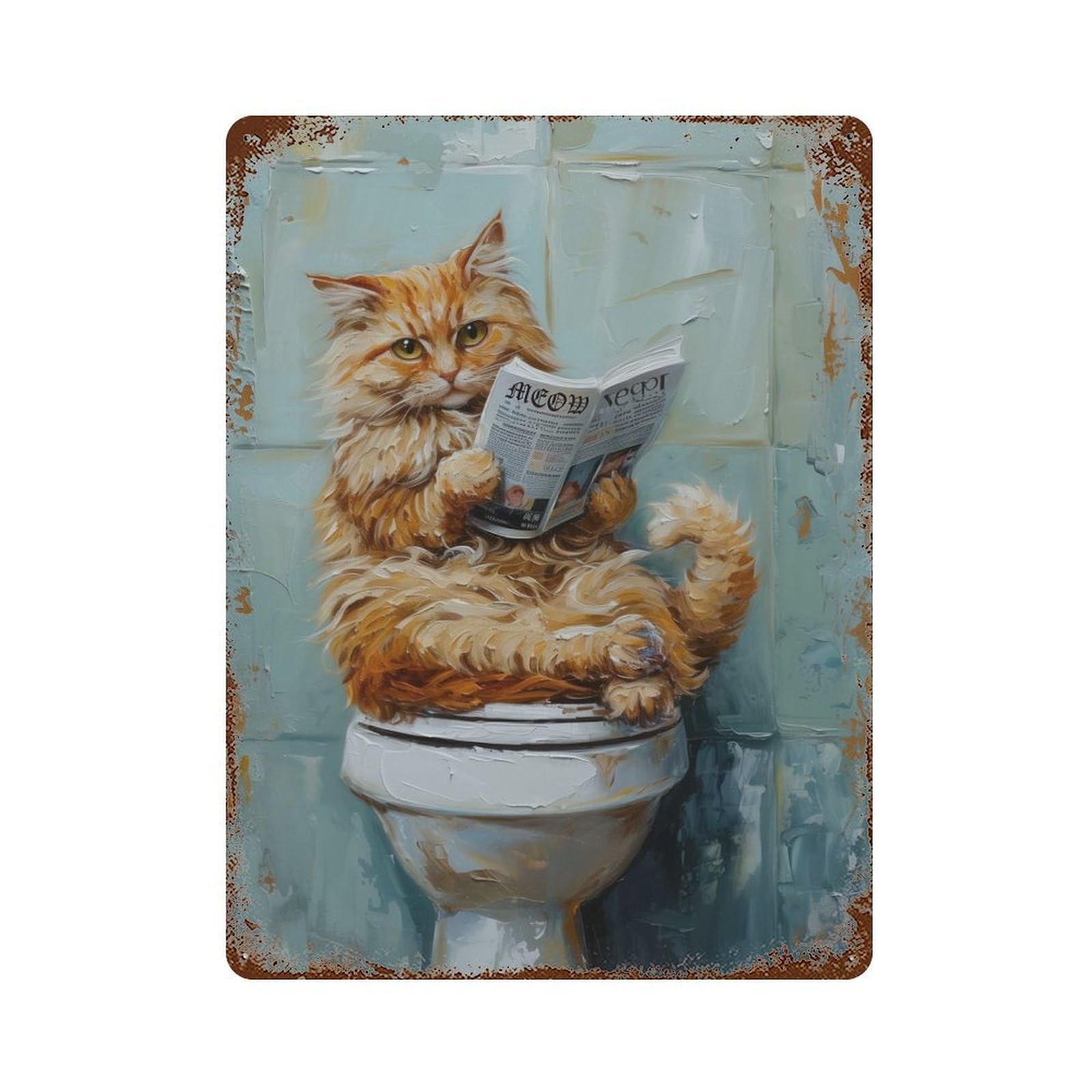 Retro Metal Sign with Cat Reading Newspaper on Toilet Design 15.7"x11.8", for Bistro, Counter And Cafe Decor, Shabby Chic Decor