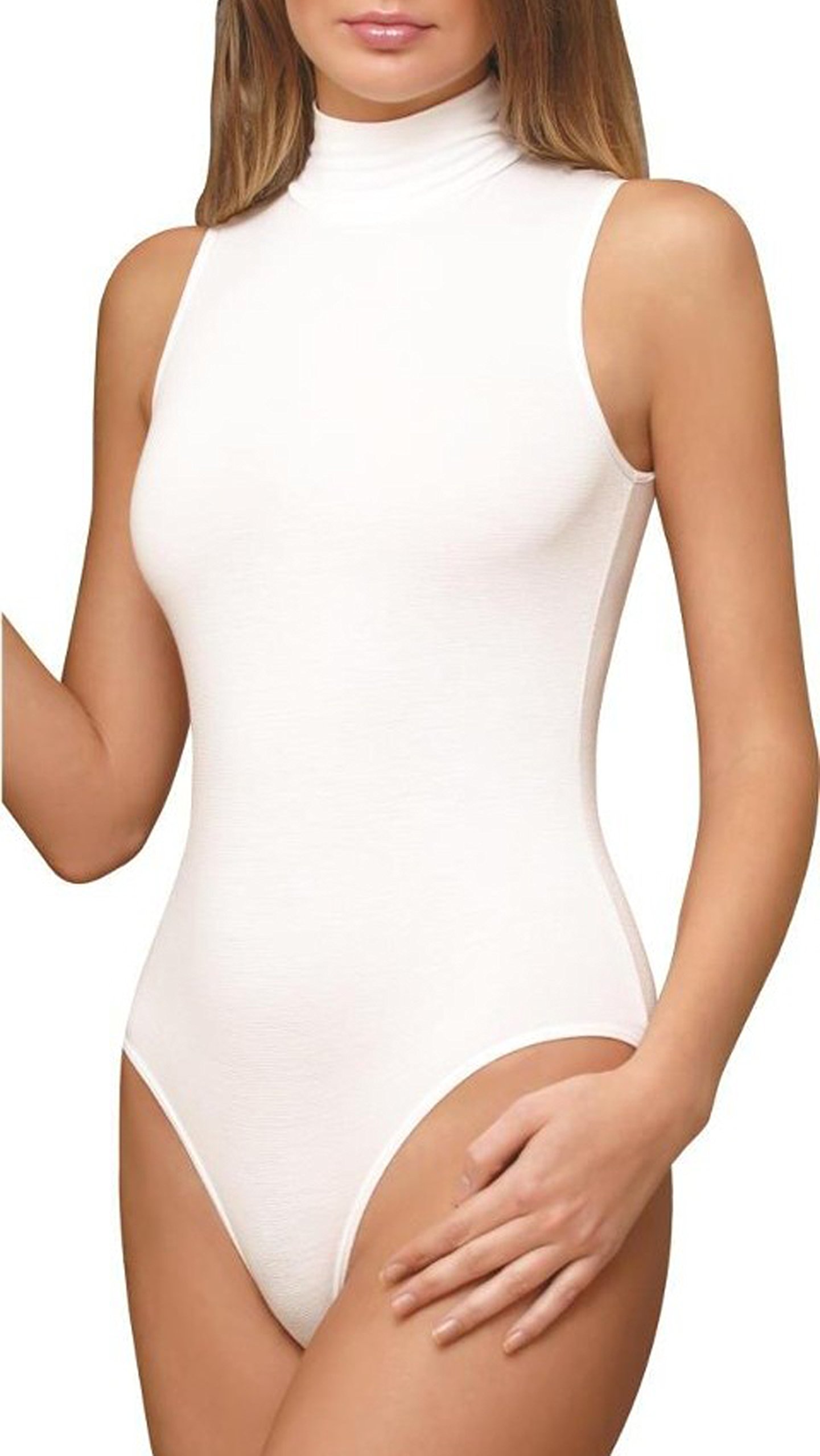 Futura London Womens White Sleeveless Turtleneck Turtle Neck Bodysuit Leotard Top (10)