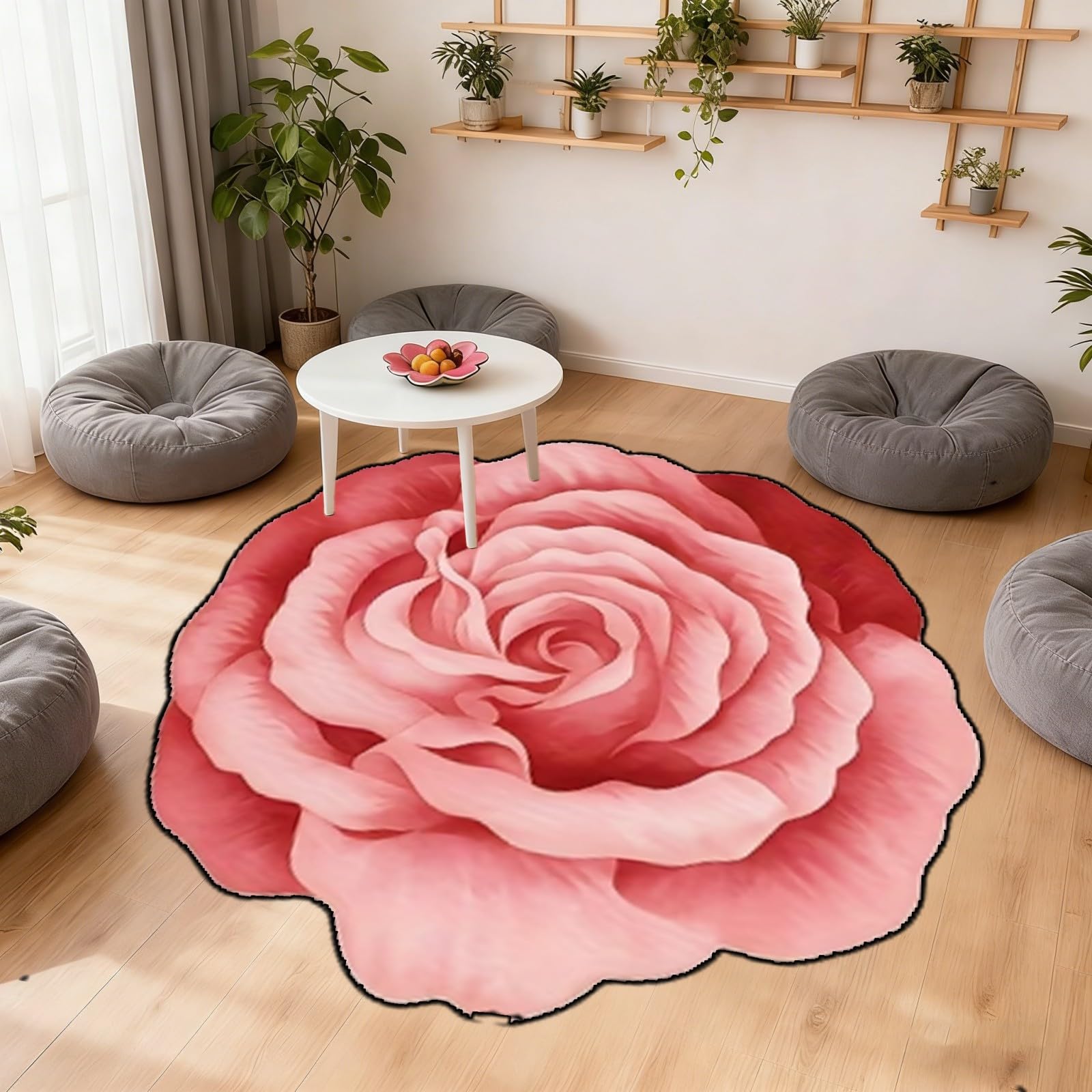 WAOTMN Washable Circle Area Rug for Living Room 180cm Stylish Pink Red Rose Shape Large Circle Rug,Foldable No Creases Round Bedroom Rugs for Bedside Dining Room Soft Non-Skid Mat
