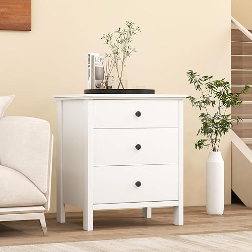 Miniatura 9 de Giantex Mesita de noche con 3 cajones, mesa auxiliar de madera con patas de madera maciza, mesita de noche retro de 3 cajones para dormitorio,