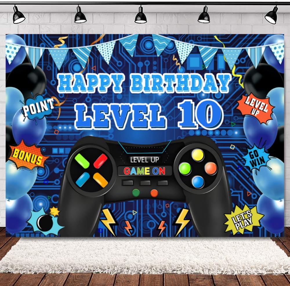 INRUI Sfondo fotografico per il decimo compleanno dei videogiochi, livello 10, sbloccato, decorazione ufficiale per feste di compleanno per ragazzi (2,1 x 1,5 m)