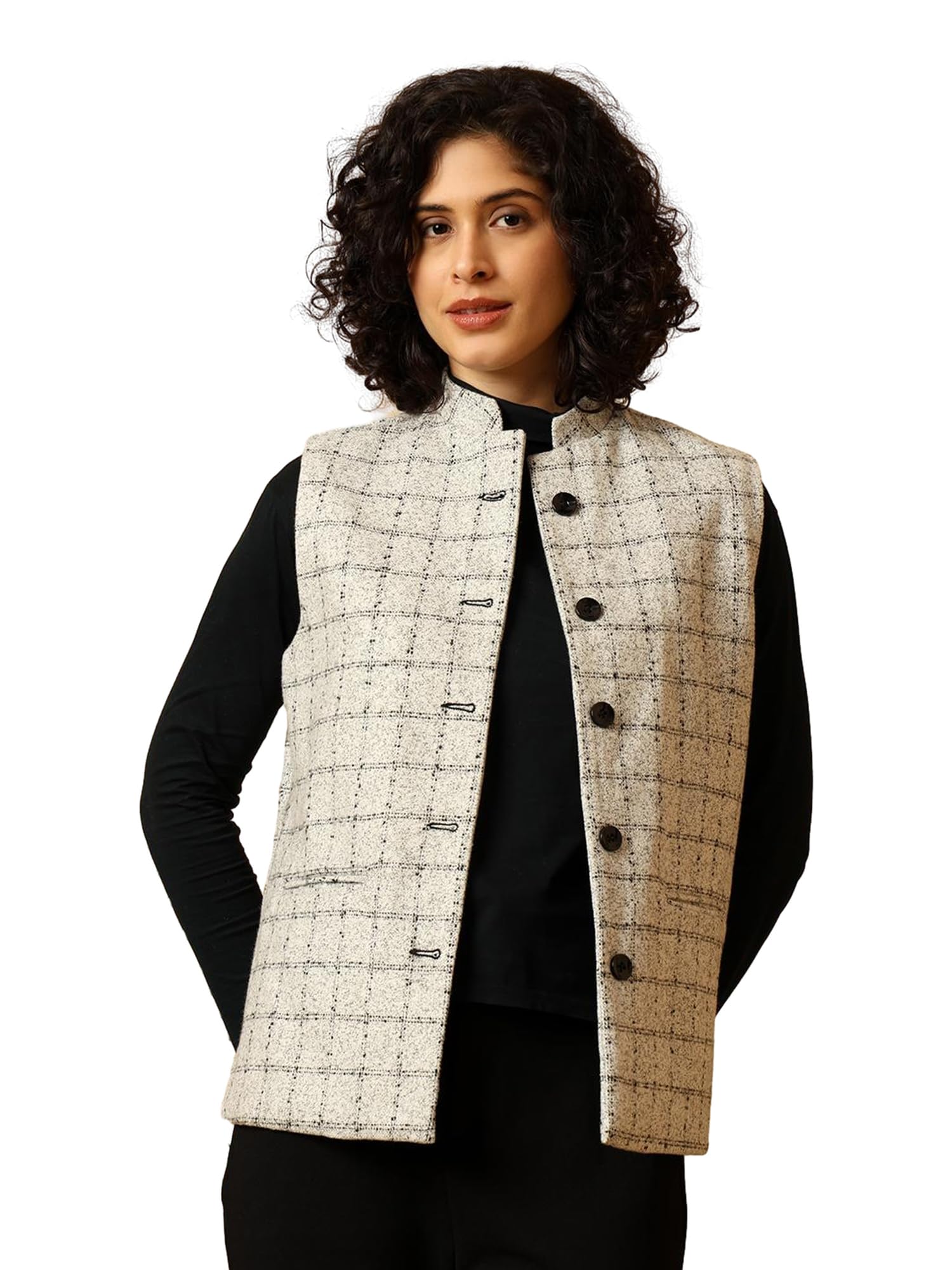 Just Beyond Women Nehru Jacket, Stylish Woollen Winter Wear, Sleeveless Checked Waistcoat with Mandarin Collar & Button Down Front, Casual & Office Use Ethnic Bandi