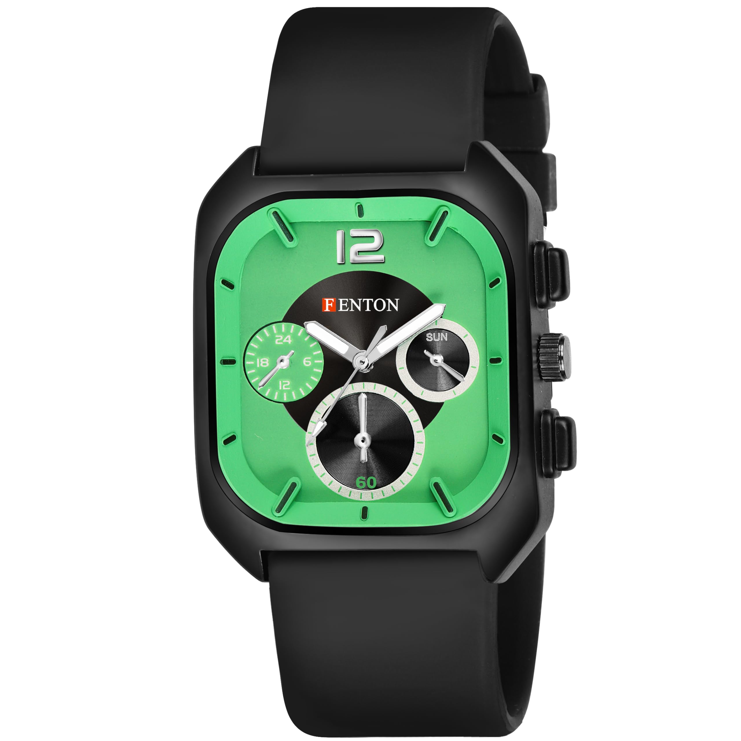 FENTON Chronograph Watch with Green Dial, Black Silicone Strap
