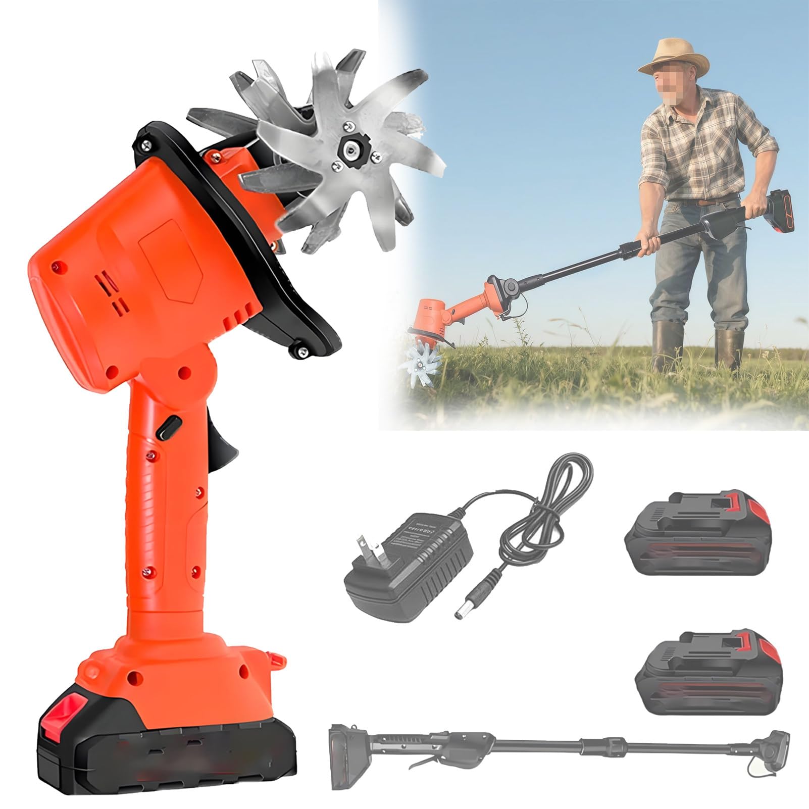 Pnpaea 21V Cordless Tiller & Cultivator,Battery Powered Handheld Garden Tiller, Rechargeable Tiller Cultivator with Battery & Charger for Lawn, Vegetable Garden, Greenhouse Orange-red-withPole