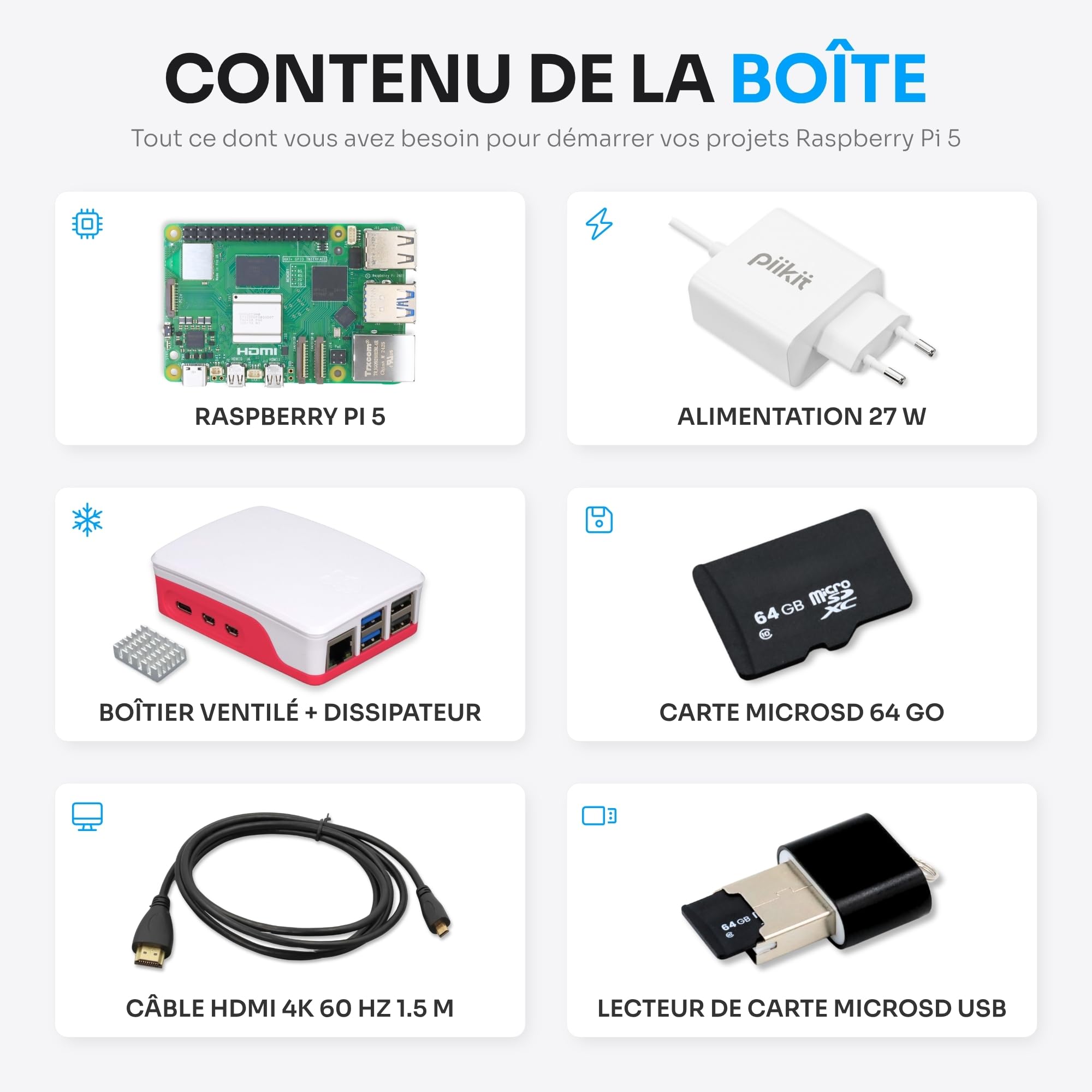 Starter Kit pour Raspberry Pi 5 4 Go | Carte MicroSD 64 Go | Alimentation 27 W | Boîtier avec Ventilateur Intégré et Dissipateur Thermique | Câble Micro-HDMI 4K 60 Hz