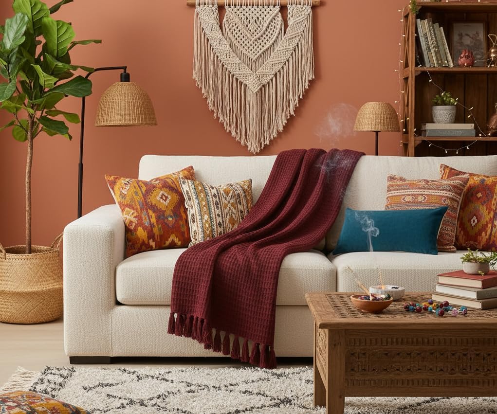 Outlay Home Knitted Throw Blanket, Waffle Texture with Tassels, Decorative Cozy Sofa Throw for Living Room, Bedroom, Couch (50x60 Inches) (Dark Maroon)