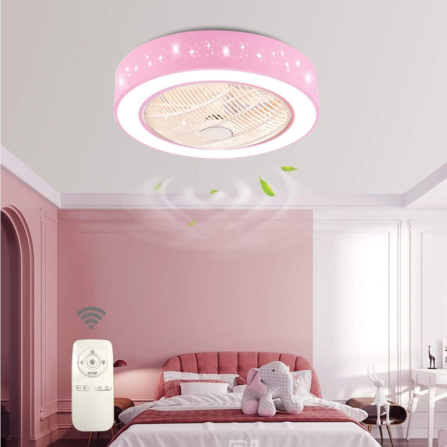 DNYSYSJ Acrylic LED Enclosed Ceiling Fan with Light - Dimmable LED Semi Flush Mount Low Profile Ceiling Fan with Rmote Control and 7 Blades for Bedroom Kitchen (Pink)