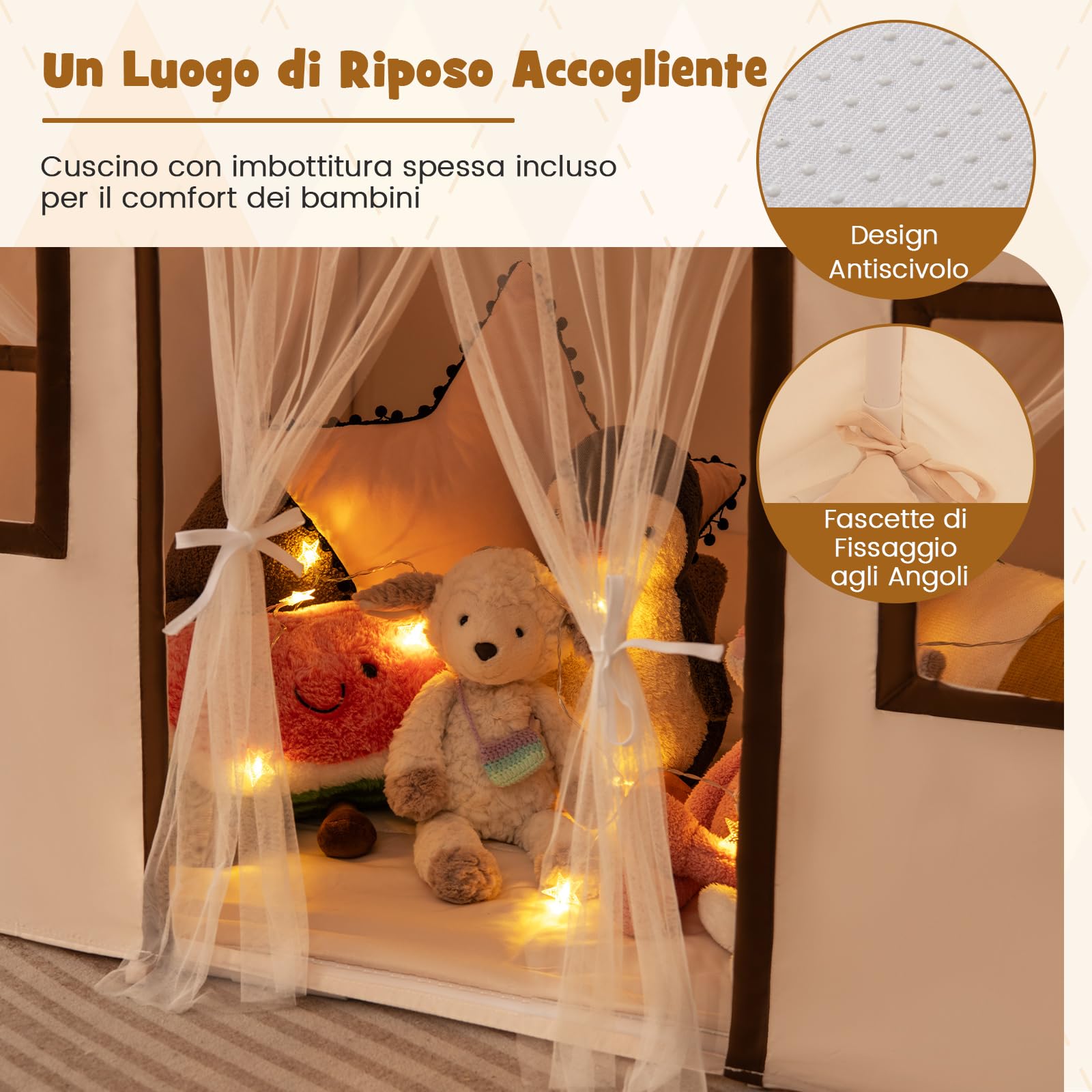 RELAX4LIFE Tenda da Gioco con Tappetino Imbottito, Casa Gioco per Bambini con Luci a Stringa e Bandiere Colorate, 3 Finestre e Tende in Rete, Casa Gioco per Interni ed Esterni per Bambini 3 ANNI+