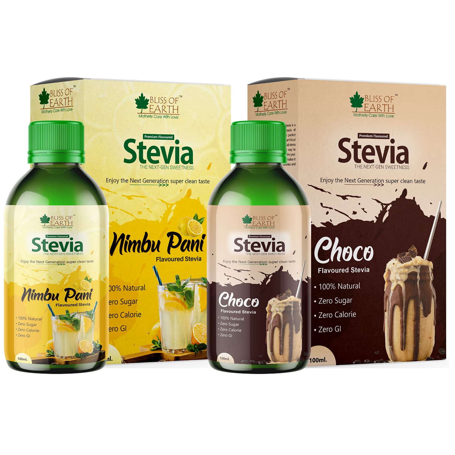 BLISS OF EARTHCombo Of Nimbu Pani Stevia Liquid For Lime Water & Lemon Tea And Chocolate Stevia Liquid For Coffee Cake Shake & Hot Chocolate, Zero Sugar, Zero Calories Pack Of 2x100ml