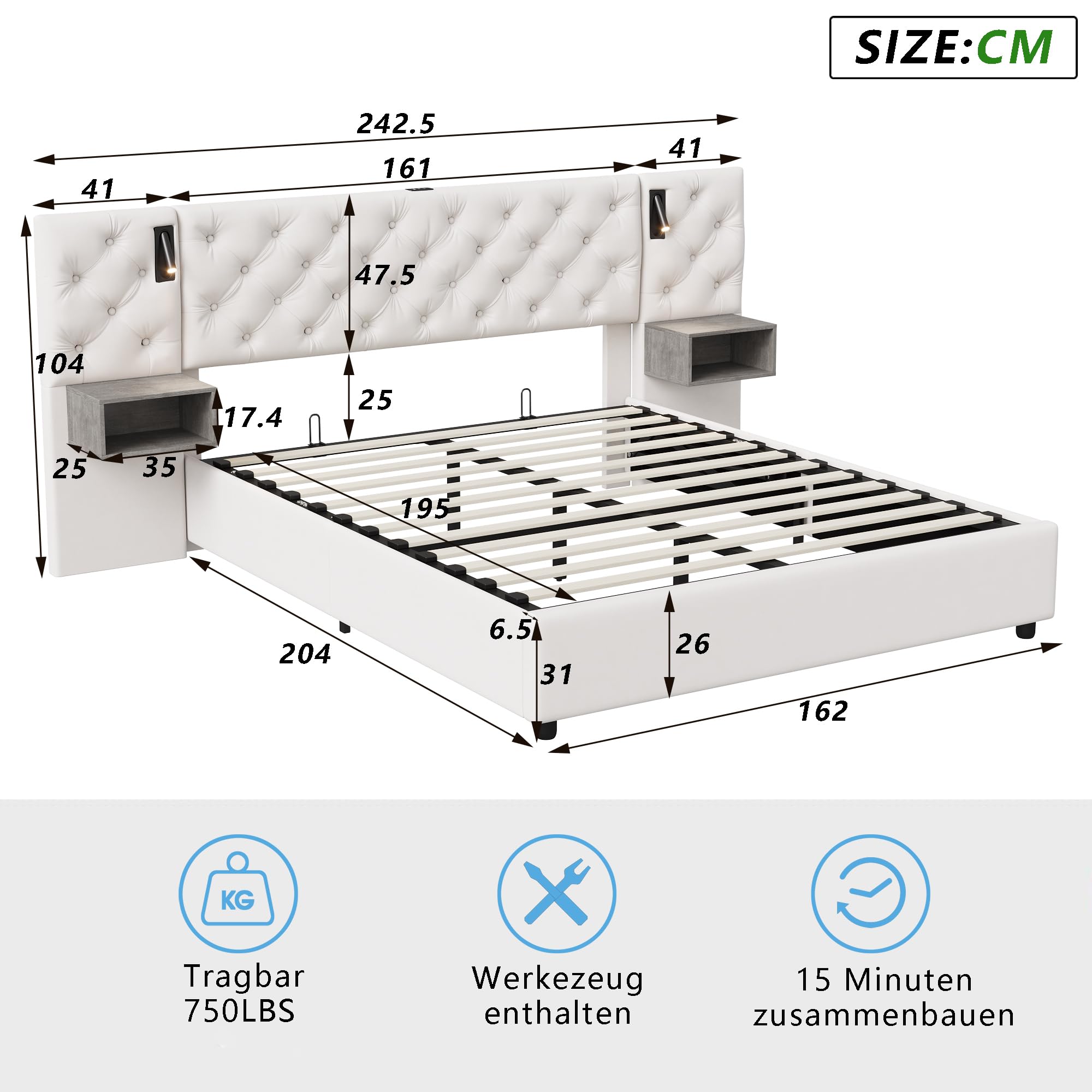 CDQL Łóżko tapicerowane 160 x 200 cm z 2 lampkami nocnymi i szufladą na stolik nocny, podwójne łóżko ze schowkiem Air-Bar, rama łóżka ze złączem USB i stelażem, łóżko funkcyjne, łóżko dla gości