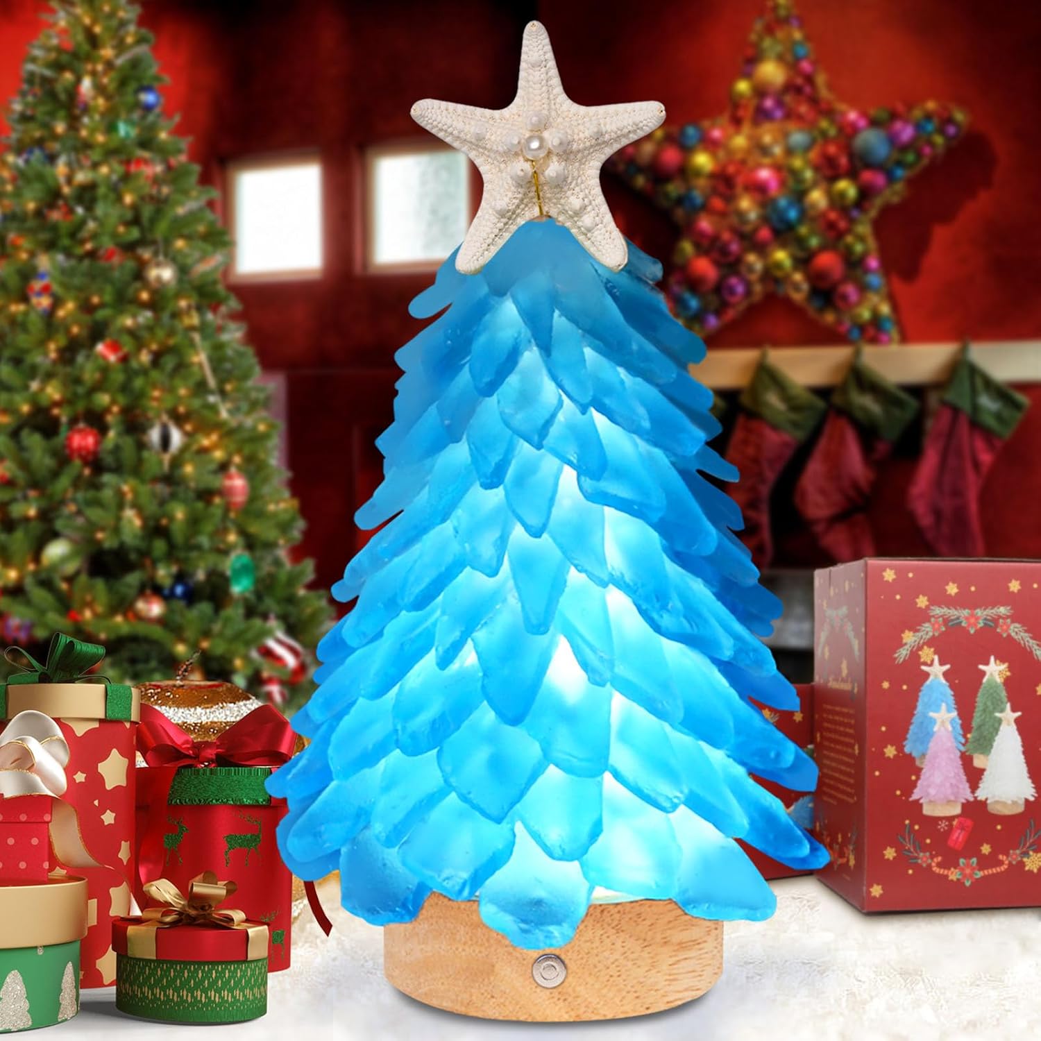 Sea Glass Christmas Tree,8.6 inches Mini Christmas Tree with Lights,Beach Nautical Themed Seaglass Blue Christmas Tree for Table top, Christmas Decorations Indoor