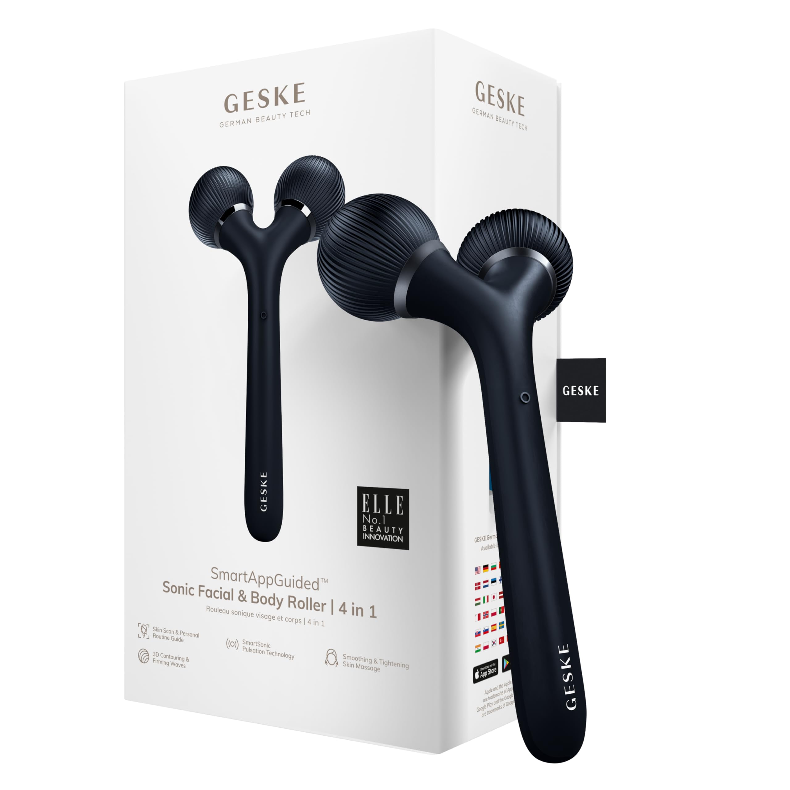 GESKE SmartAppGuided™ Sonic Facial & Body Roller | 4 in 1 | derma roller | Facial & Body dermasmooth stimulator | derma roll | professional facial & body roller | for skincare and beauty routine