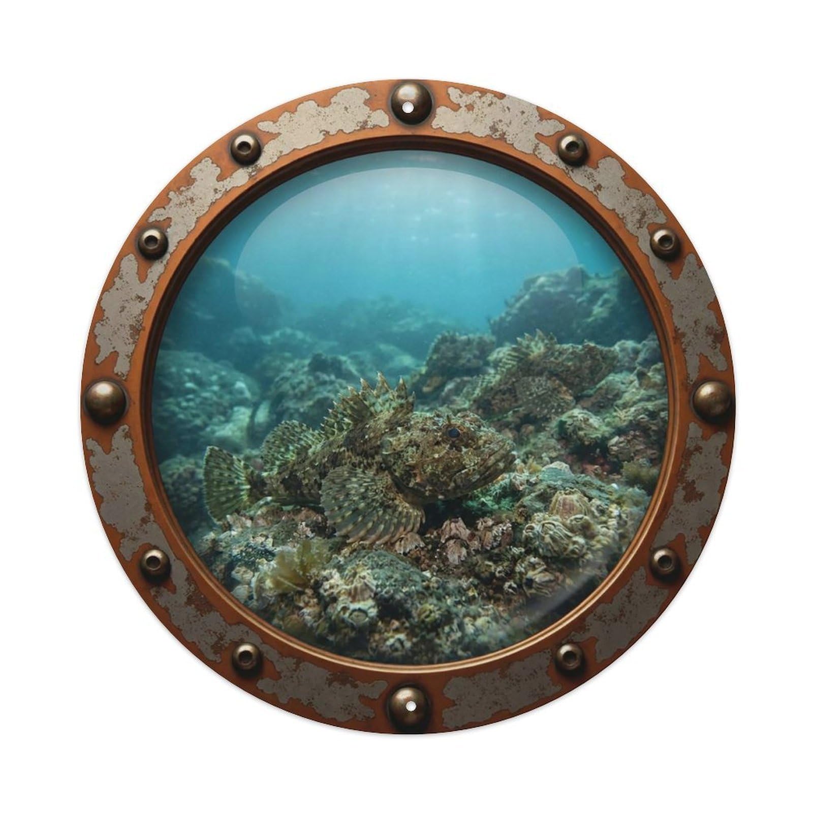 Gead 8X8inch Style Vintage Porthole Sculpin Fish Nautical Window View Metal Tin Sign