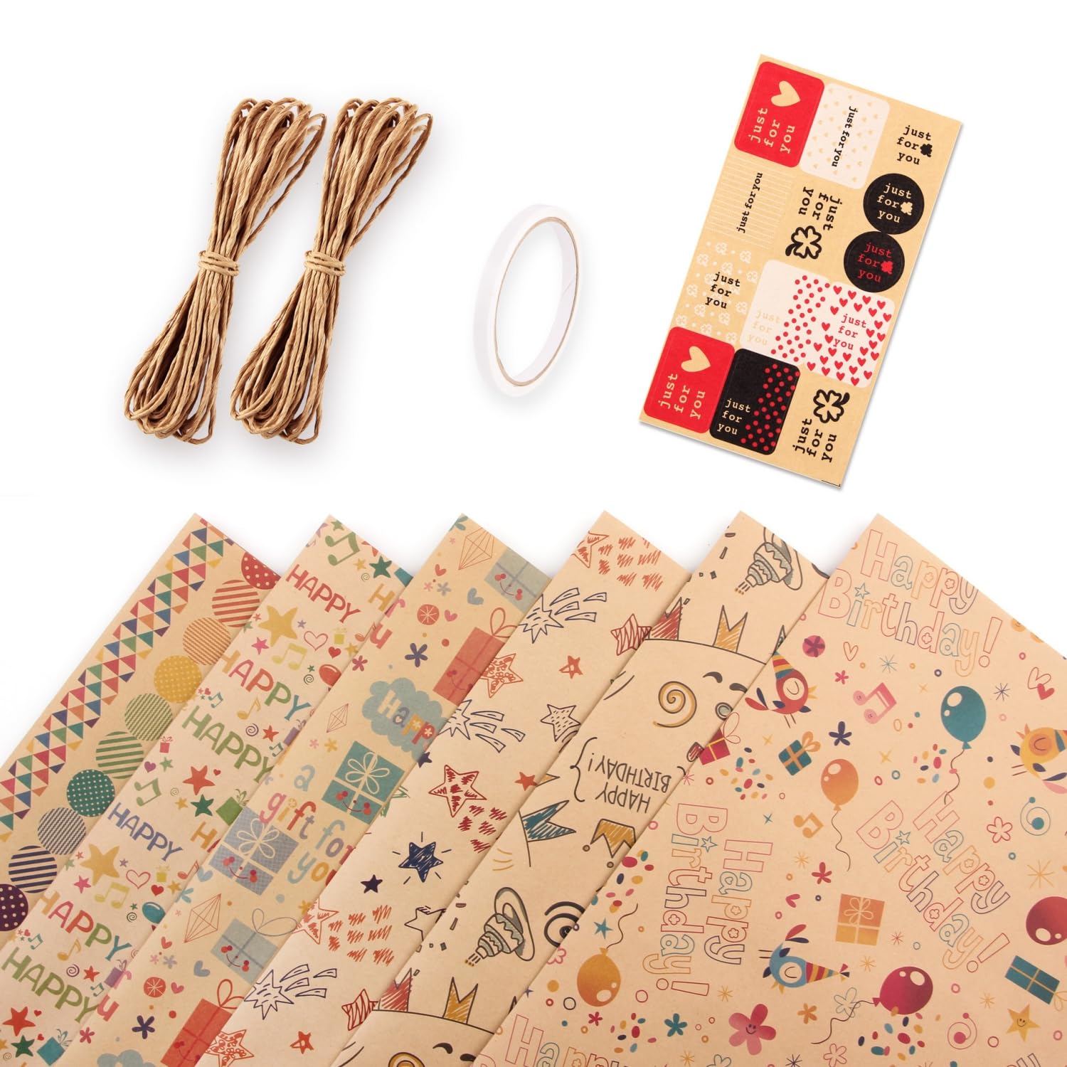 Fenglin-joy Papel de Regalo, 6 piezas 70X50cm Papel Regalo Cumpleaños con Hilo de Yute, Cinta Adhesiva de Doble Cara y Pegatinas para Bodas, Fiestas, Navidads
