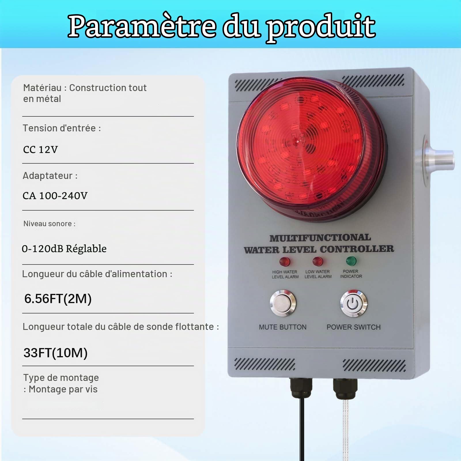 Alarme Niveau d'eau Professionnelle, détecteur Haut/Bas Liquide avec Double sonde, Alarme visuelle/sonore 120dB réglable, câble 10m, Tout métal, Anti-débordement pour cuves/piscines/Cales/puits