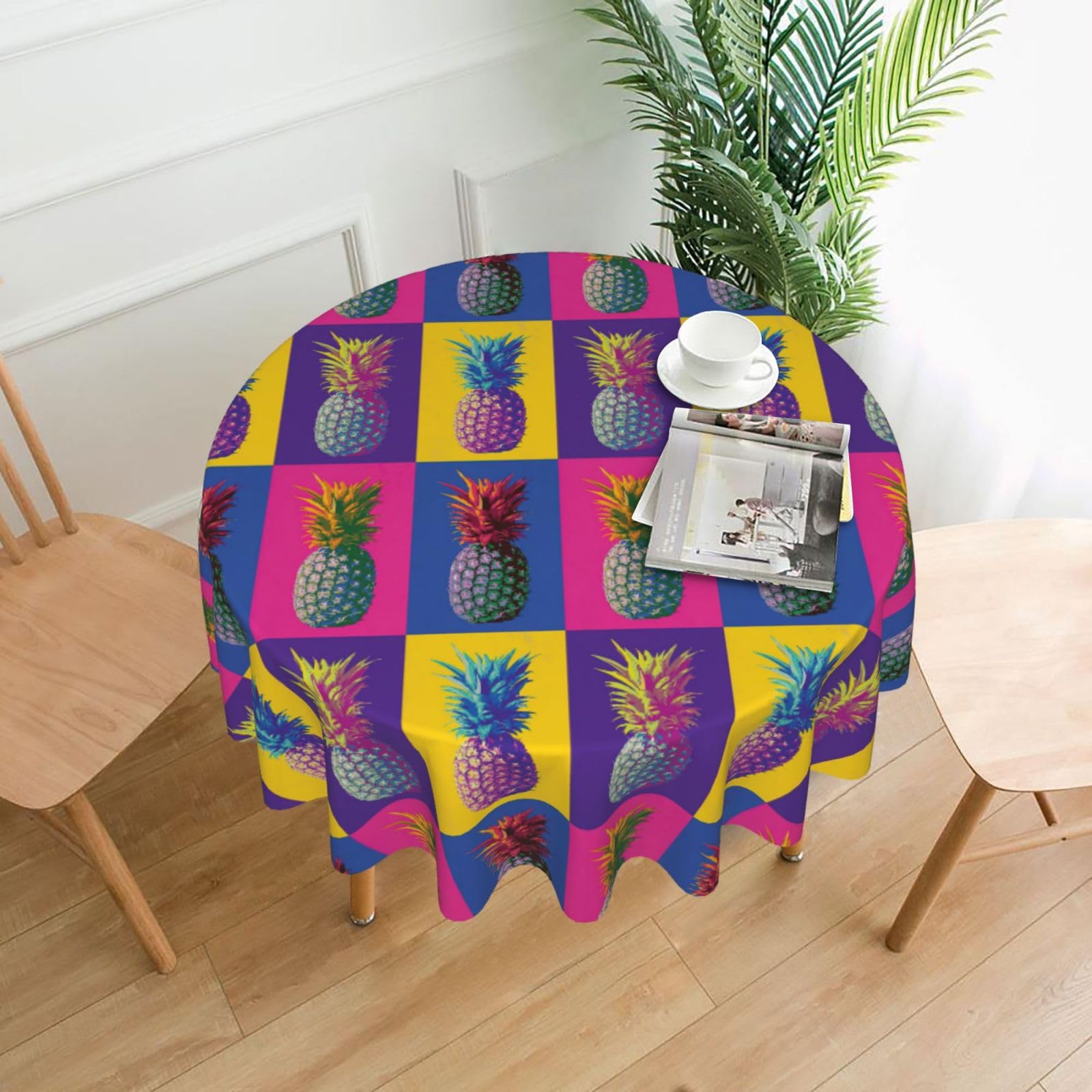 Nbtghga Colorful Pineapple Pattern Print Tablecloth Round Border Table Cloth Cover Decorative For Party Holiday Dinning Tabletop Home