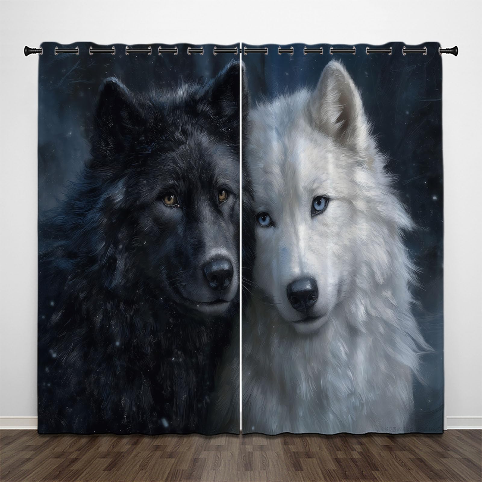 Cortinas Opacas De Lobo Negro Lobo Blanco, Realismo Animal Cortinas Opacas con Aislamiento Térmico para Oscurecer La Habitación, con Ojales, para Sala De Estar, 140 x 245 cm (2 Paneles)