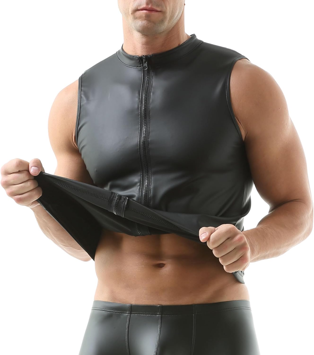 QiaTi Men's Faux Leather Vest Undershirt Mens Sleeveless Tank Top Zipper Stand Collar Shirt Muscle Waistcoats Fit Athletic - Image 4
