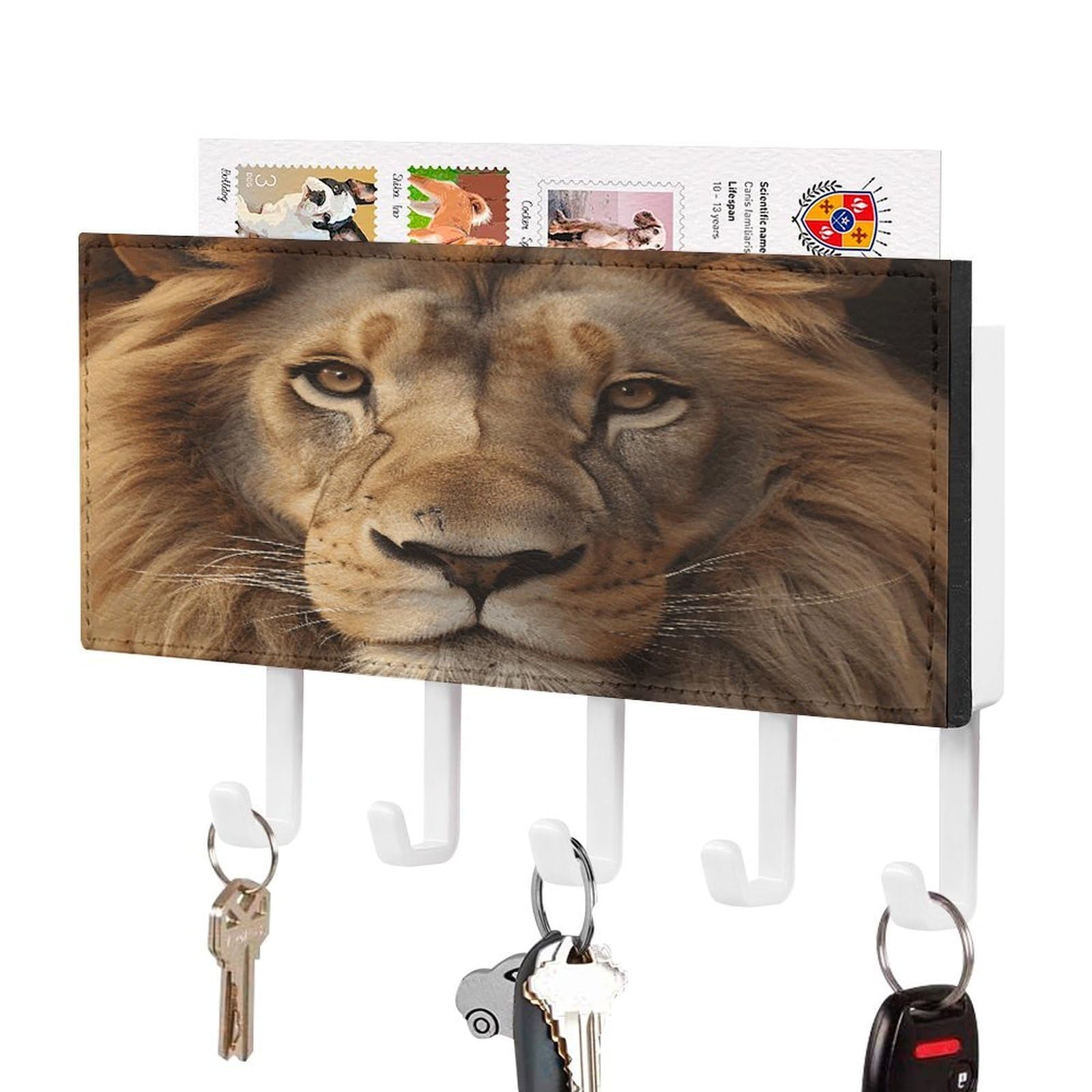 Vstadank White-Style African Lion Head Key Holder For Wall Mount With 5 Hooks Decorative Key And Mail Holder Farmhouse Wall Hooks With Shelf Pu Leather Key Rack With Mail Holders For Entryway Home