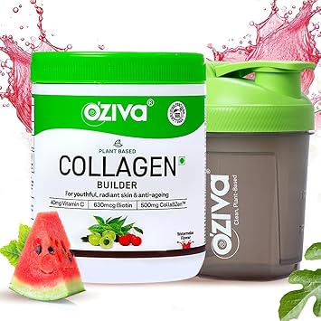 OZiva Vegan Collagen Watermelon with Biotin & Vitamin C For Brighter & Youthful Skin | Collagen Supplement For Women & Men | Plant Based Powder | Certified Vegan 125g + Shaker