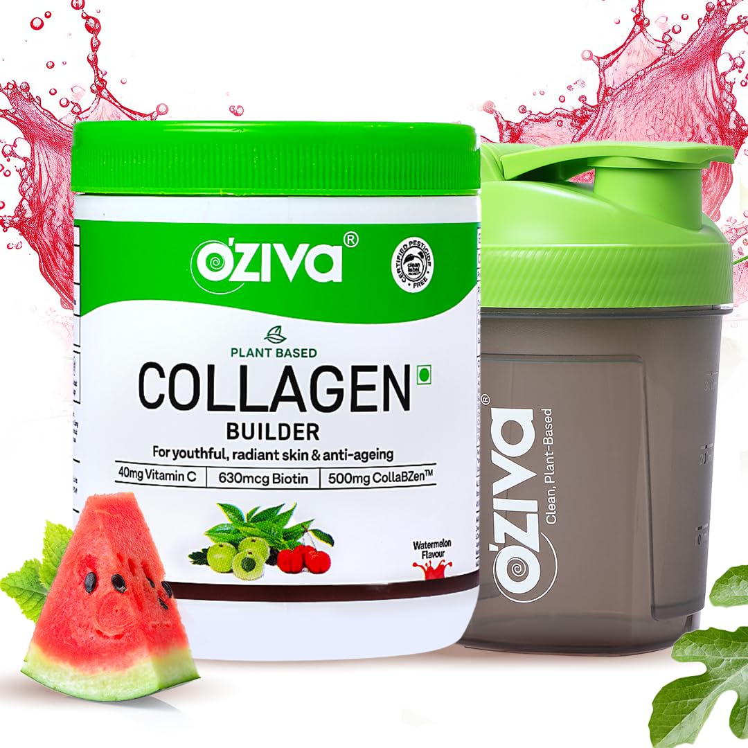 OZiva Vegan Collagen (Watermelon) with Biotin & Vitamin C For Brighter & Youthful Skin | Collagen Supplement For Women & Men | Plant Based Powder | Certified Vegan 125g + Shaker