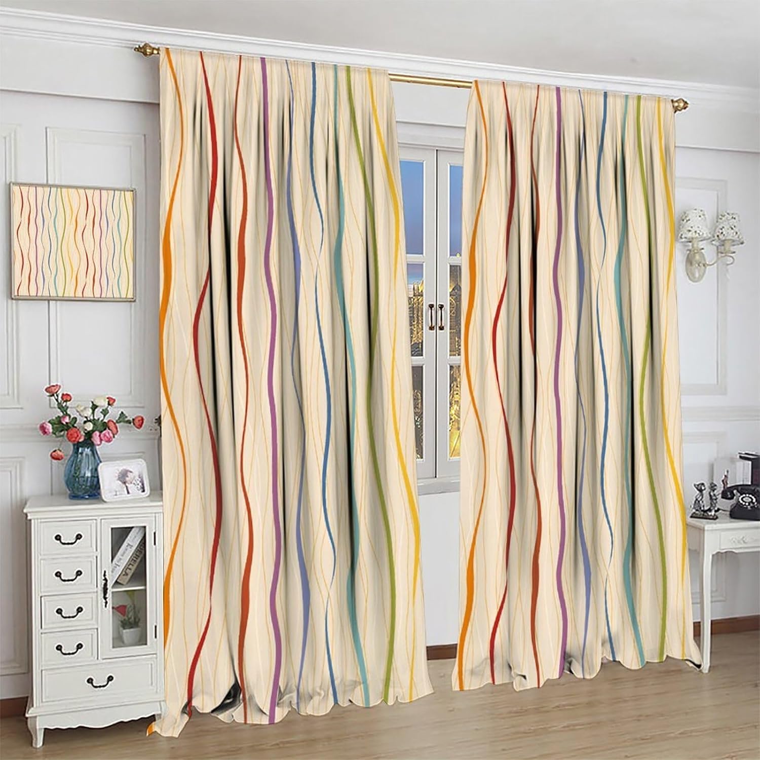 Colorful Striped Blackout Curtains Vertical Wavy Lines Rainbow Colors Vintage Rustic Home Decor Window Treatments for Kids Boys Girls Bedroom Living Dining Room Kitchen 42" W X 45" L