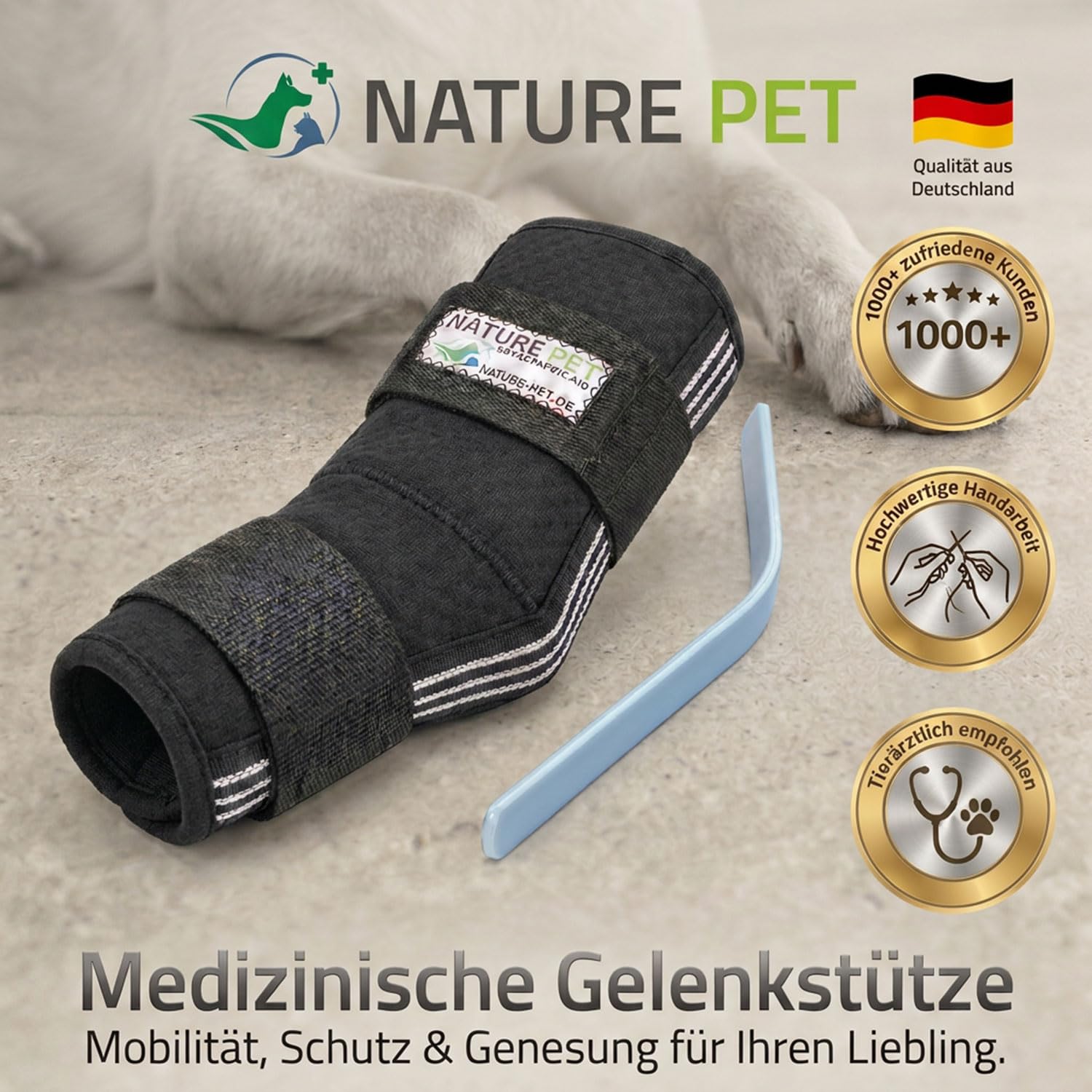 Nature Pet SPRUNGGELENK BANDAGE HUND HINTERBEIN – Sprunggelenk Bandage mit Leckschutz Hund – verstellbare Tarsal-Stulpen für Hunde zur Stabilisierung & Schutz des Hinterbeins – 165° Winkel/Größe L