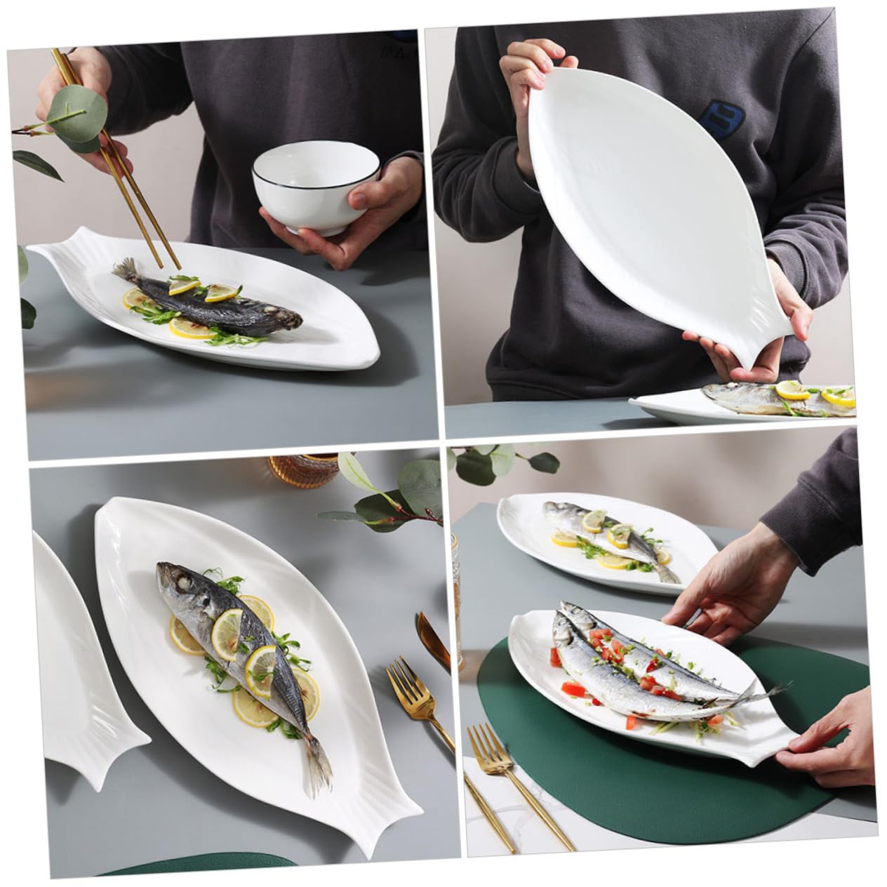 Piatto Pesce in Ceramica Bianca, Piatto da Portata a Forma Ellittica