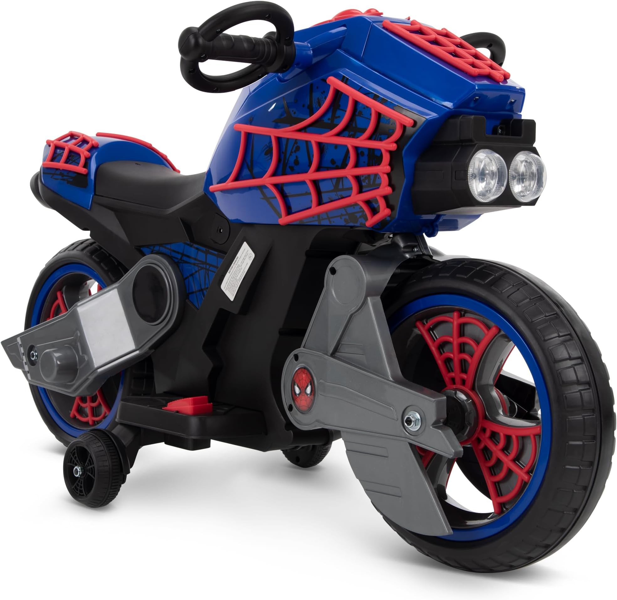 Huffy Marvel SpiderMan Kid’s 6V Battery Ride-On Motorbike with Lights, 2mph Speed, Stabilisers, and Foot Pedal Control, Ages 3-7, Blue