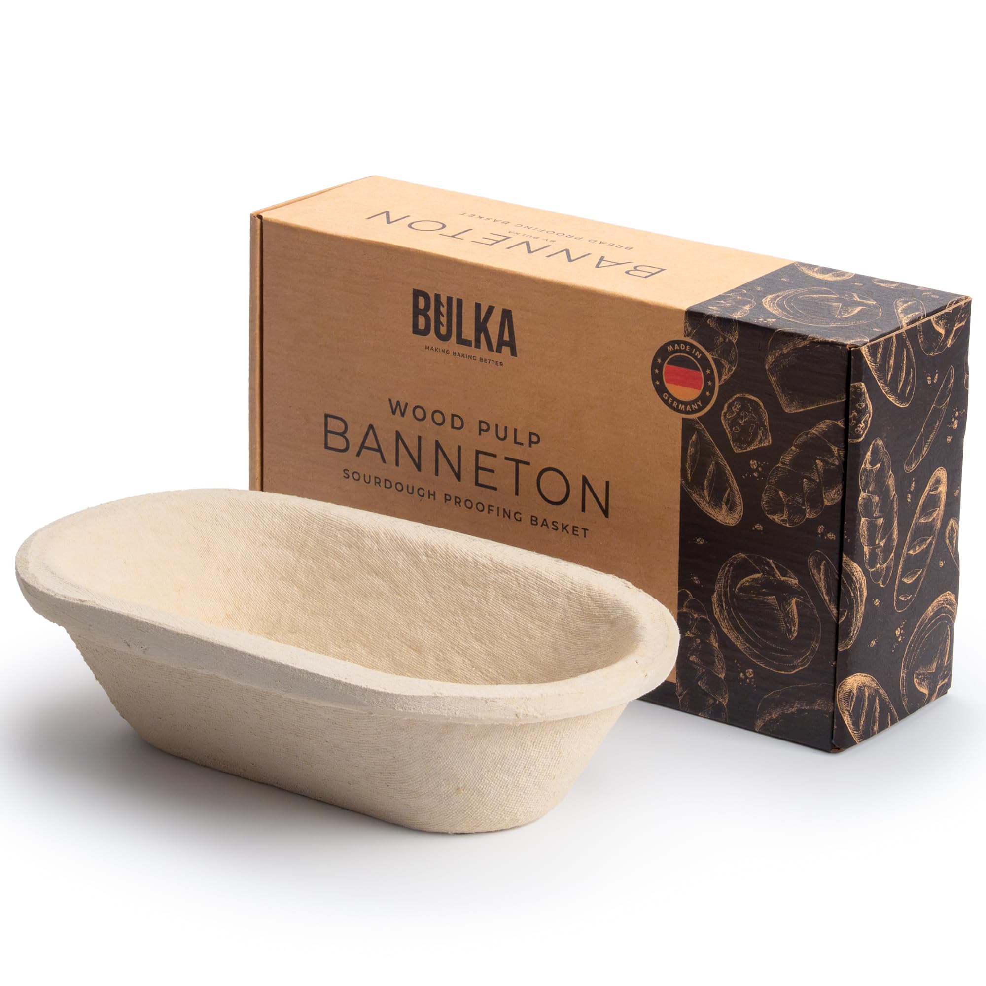 Bulka Petit panier ovale de 500 g pour pain en pâte de bois pressée – Panier à pain anti-adhésif en forme de batard et levain, fabriqué en Allemagne.