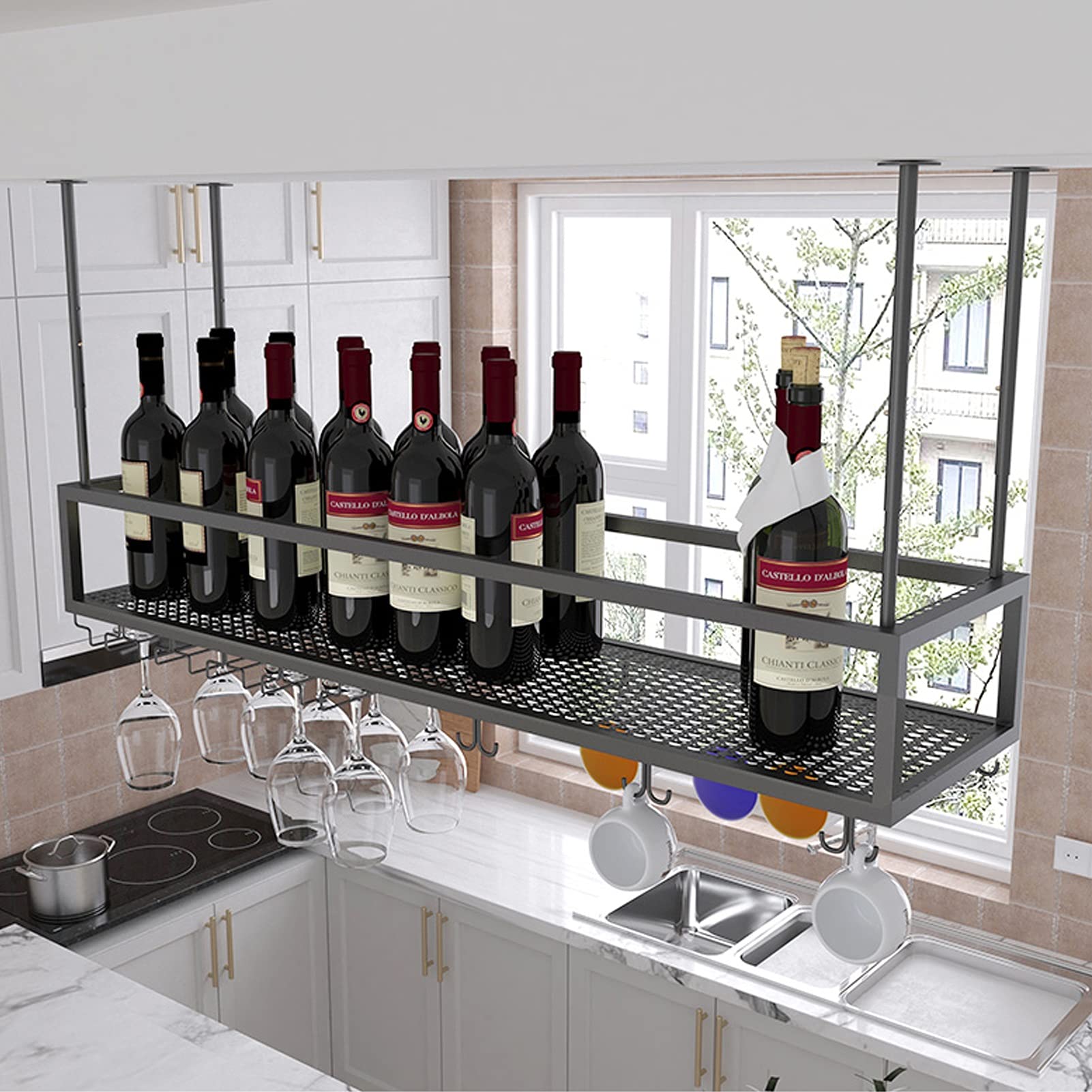 Porte-verre à vin suspendu réglable et porte-bouteilles de plafond