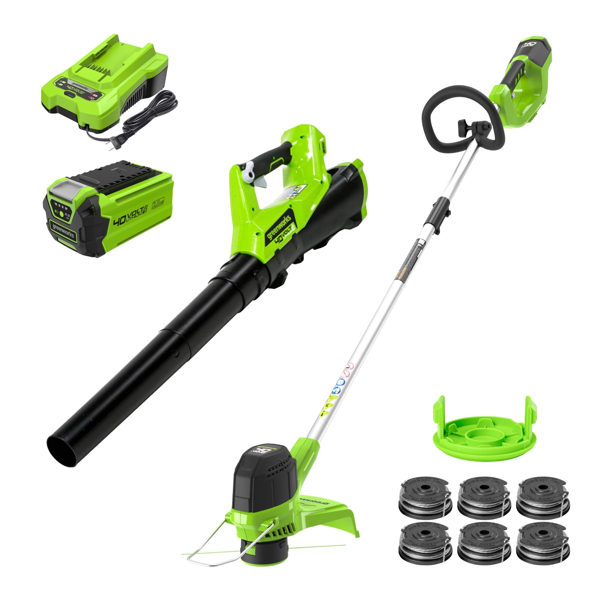Greenworks 40V 12" Auto Feed String Trimmer and Leaf Blower with 2.0Ah Battery &amp; Charger + Greenworks 0.065" Dual Line Auto-Feed Trimmer Spools (6-Pack) + Replacement Spool Cover