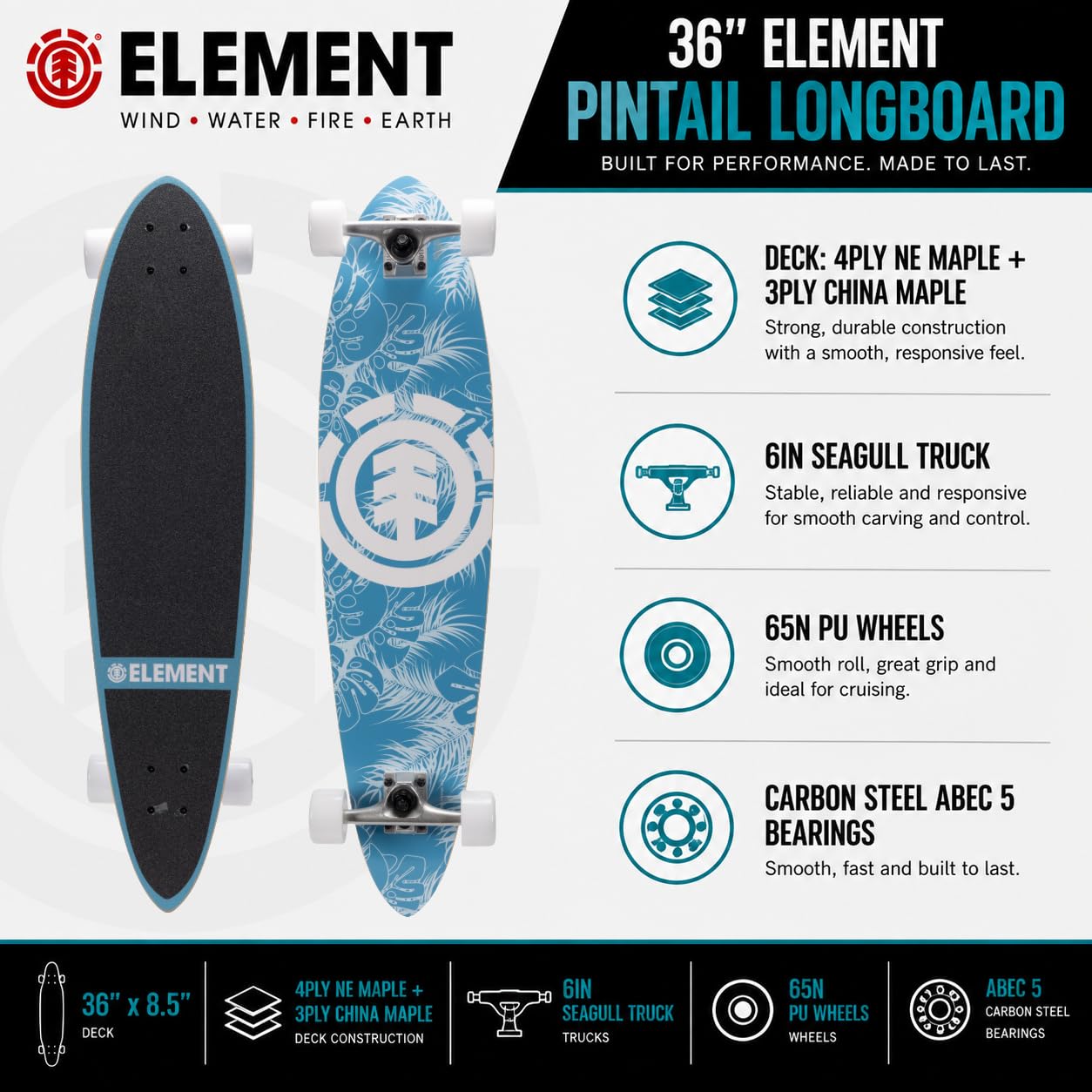 Element Popsicle Skateboard-Deck – 78,7 x 19,7 cm Kinder-Longboard-Skateboard, 7-lagiges Holzdeck, 12,7 cm Aluminium-Achsen, 51 mm 95 A weiche Urethan-Räder, ABEC 5-Gang-Kugellager, ideal für