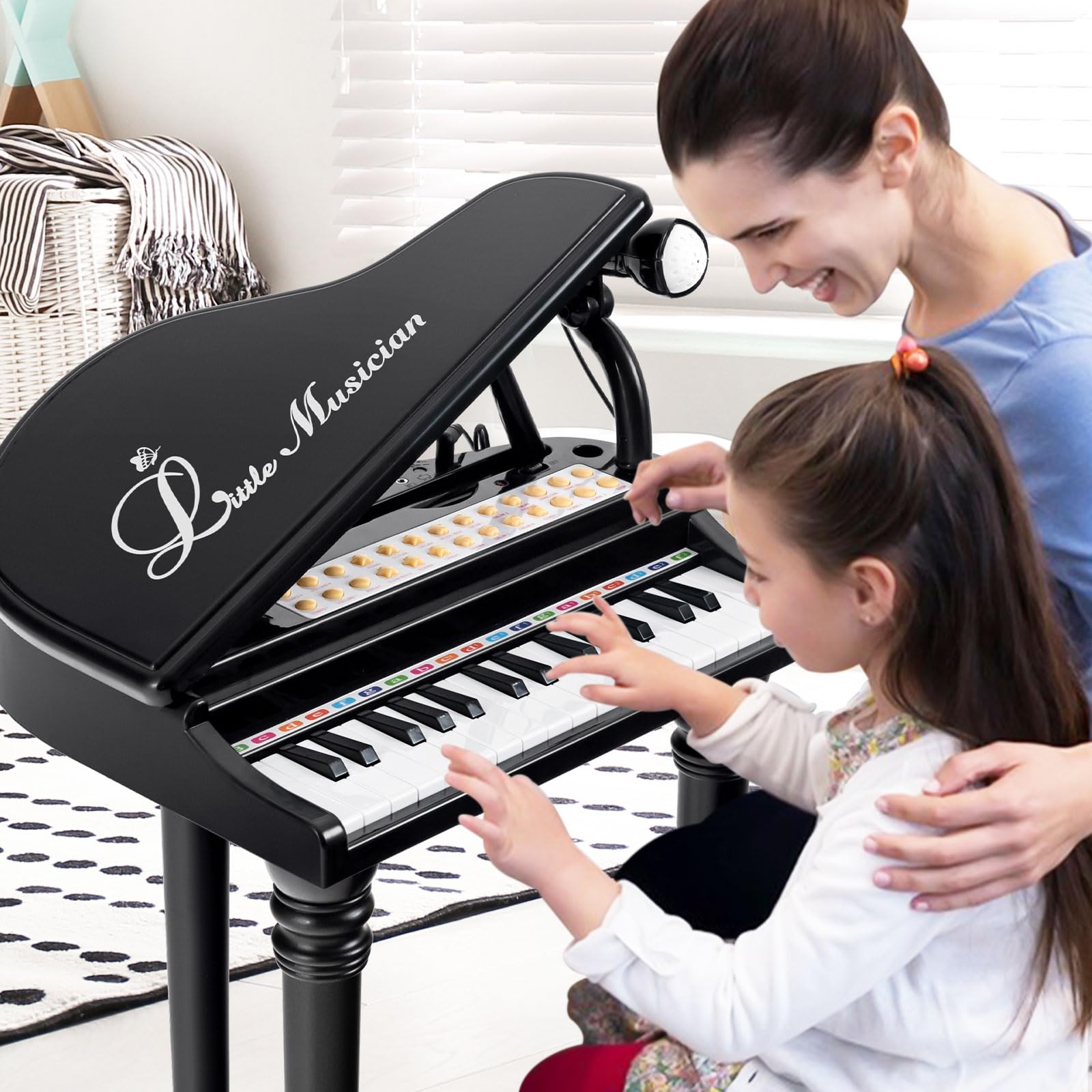 DREAMADE Clavier 31 Touches, Jouet Piano pour Enfants avec Tabouret, Instrument de Musique Mini Piano à Queue avec Microphone, Enseignement Guidé par La Lumière (Noir 31 Touches) - 3