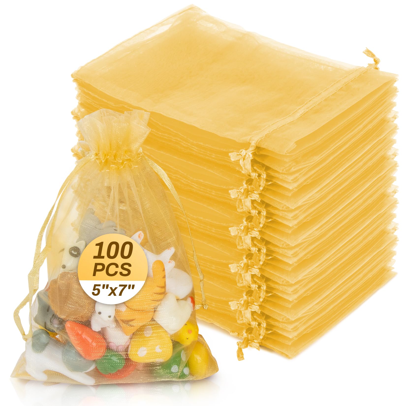 Sukh Gold Organza Bags 5"x7" - 100PCS Small Mesh Drawstring Gift Bags