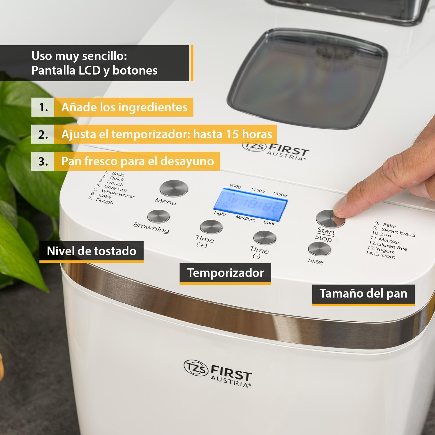 TZS First Austria - Panificadora 850W - Para panes de 900g y 1350g - 14 Programas automáticos - Tostado ajustable, Temporizador y Función mantener caliente