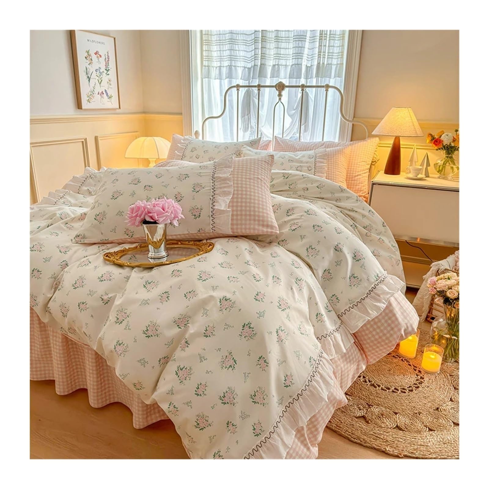 Housse de couette et taies d'oreiller sans drap plat pour lit double rose 3 pièces