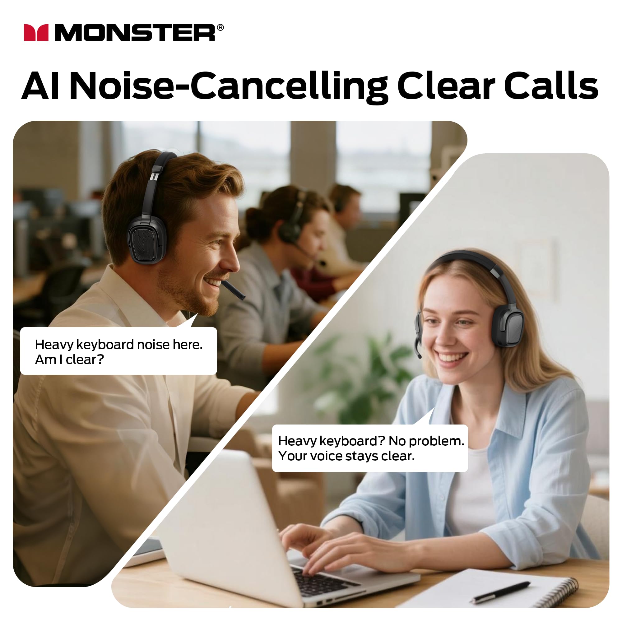 Monster VoiceLink 200 Wireless Headset with Mic, Bluetooth V5.4 Headphones with AI Noise Cancelling Mic & USB Dongle, 60H Playtime & Mic Mute for Computer/Laptop/PC/iPhone/Android - 3